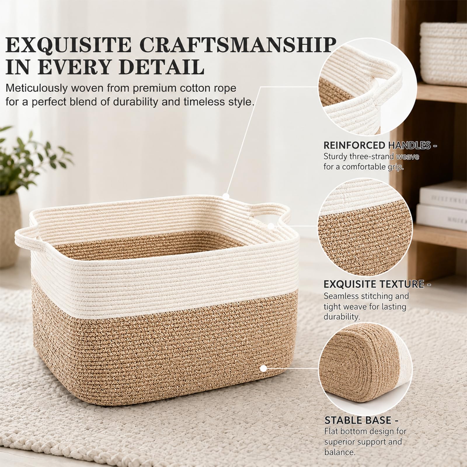 Cesto da 50 L in corda di cotone Umllpet, cesto per la lavanderia intrecciato con manici, pieghevole, per giocattoli e coperte, contenitore per biancheria, coperte, soggiorno, camera da letto, 48 x 34