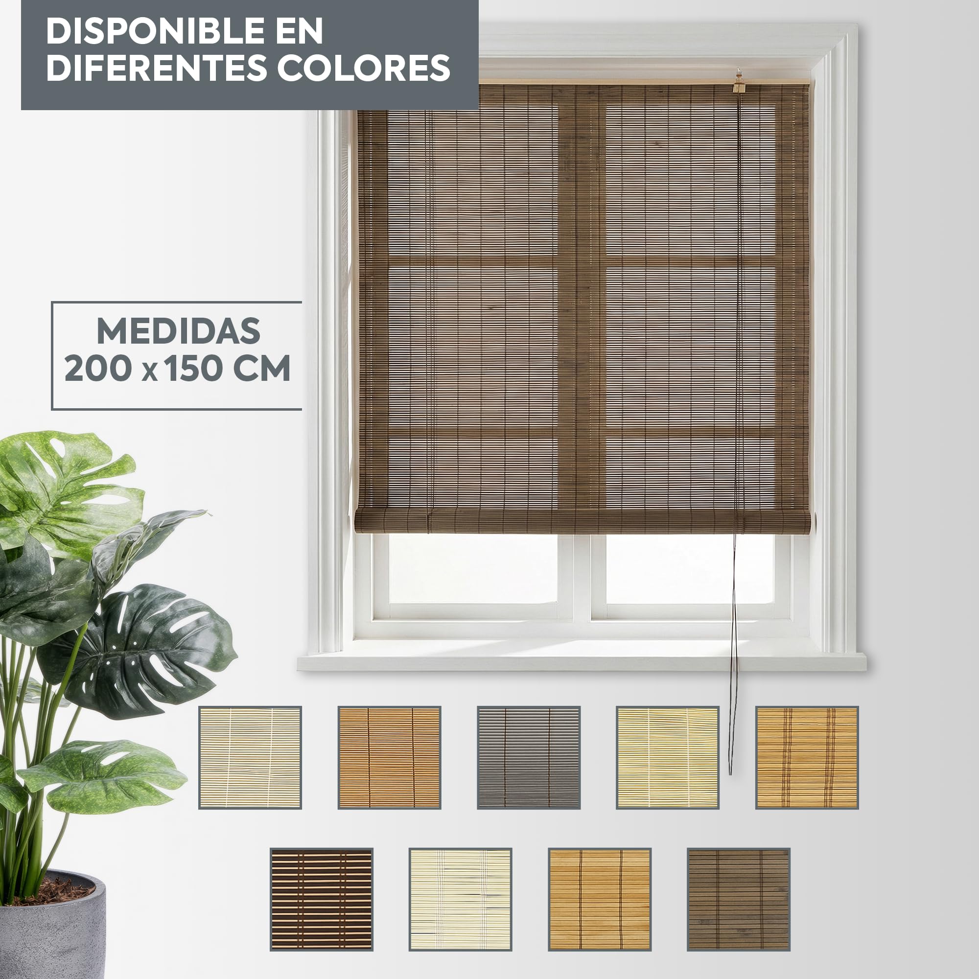 HERSIG - Estor Enrollable de Bambú Natural 150 x 200 cm - Persiana Enrollable Interior y Exterior - Estilo Natural para Ventanas - Privacidad y Fácil Instalación - Marron Claro (Medidas aproximadas)
