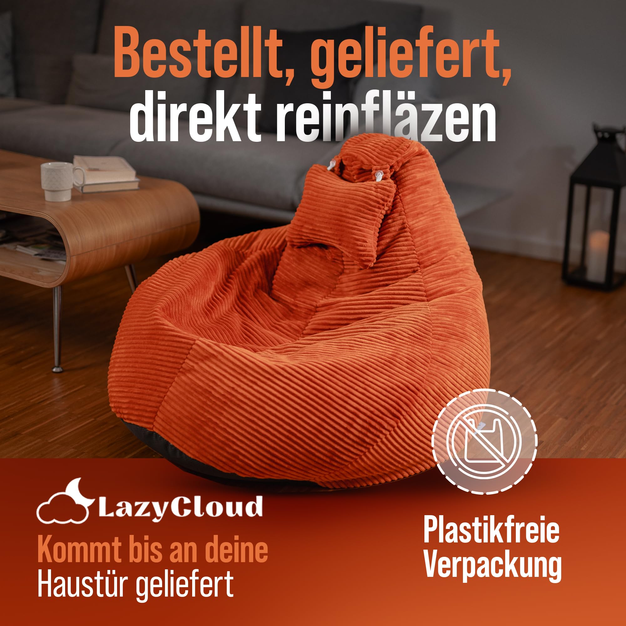 Sitzsack für Erwachsene mit integrierter [Nackenstütze] Cord | XXL Indoor Bean Bag mit Füllung | perfekt als Chill-, Lese- oder Gaming Sessel (90 x 80 x 70 cm) (Korallrot)