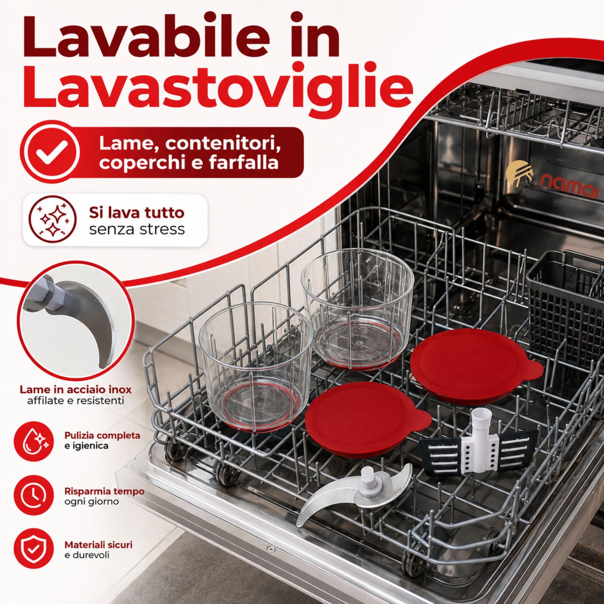 NAMAI - Tritatutto Manuale 5 Lame, 2 Contenitori, Mixer, Utile e Pratico | Lavabile In Lavastoviglie, Sicuro, Facile Da Usare, Ecologico