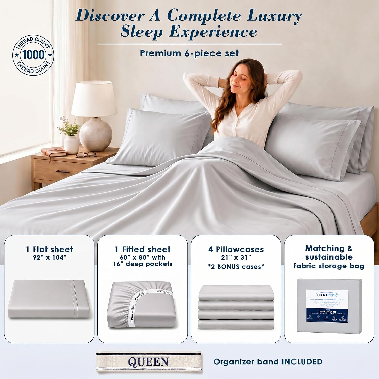 Therapedic Luxury Bamboo Viscose 6 Piece Queen Sheets Set (Light Grey) image 2