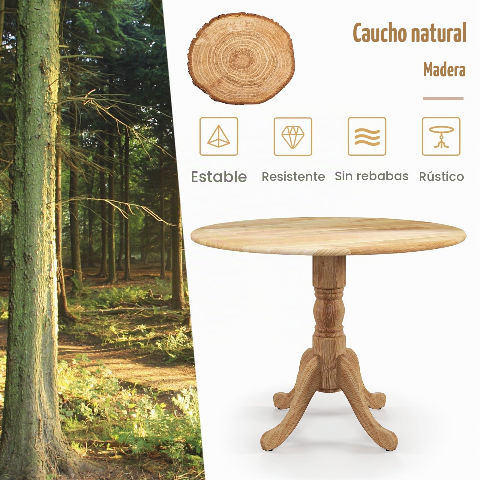LIFEZEAL Mesa Comedor Redonda de Madera de Caucho (Natural) | Mesa de Cocina para 4 Personas, Muebles de Salón de 100 cm para Comedor, Sala de Estar y Oficina, Carga 100 kg
