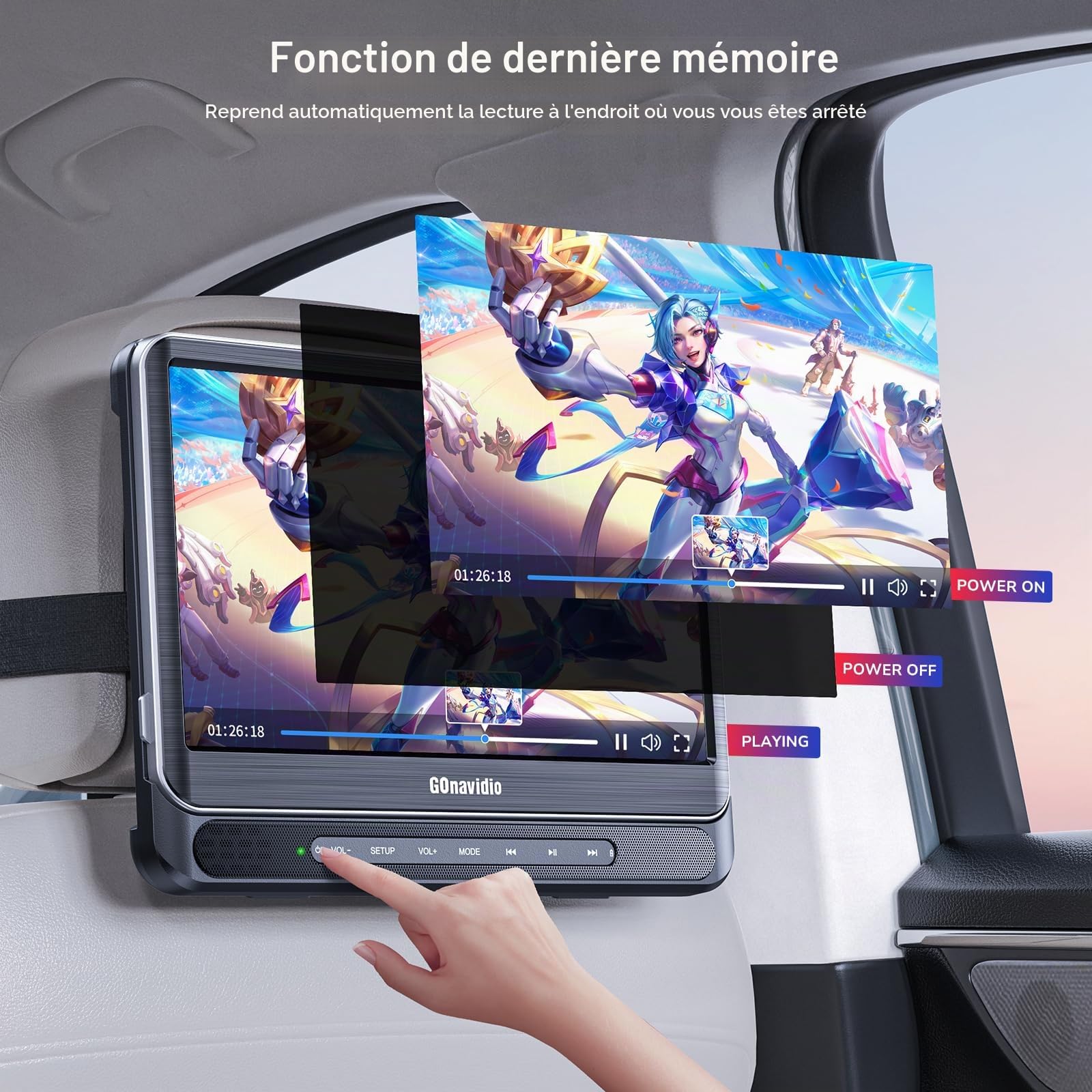 GOnavidio lecteurs DVD duaux pour voiture de 12" avec entrée HDMI, lecteurs DVD pour appuie-tête de voiture avec casque, batterie de 5 heures, écran de 1366 * 768 avec mise en miroir, lecteur USB/TF