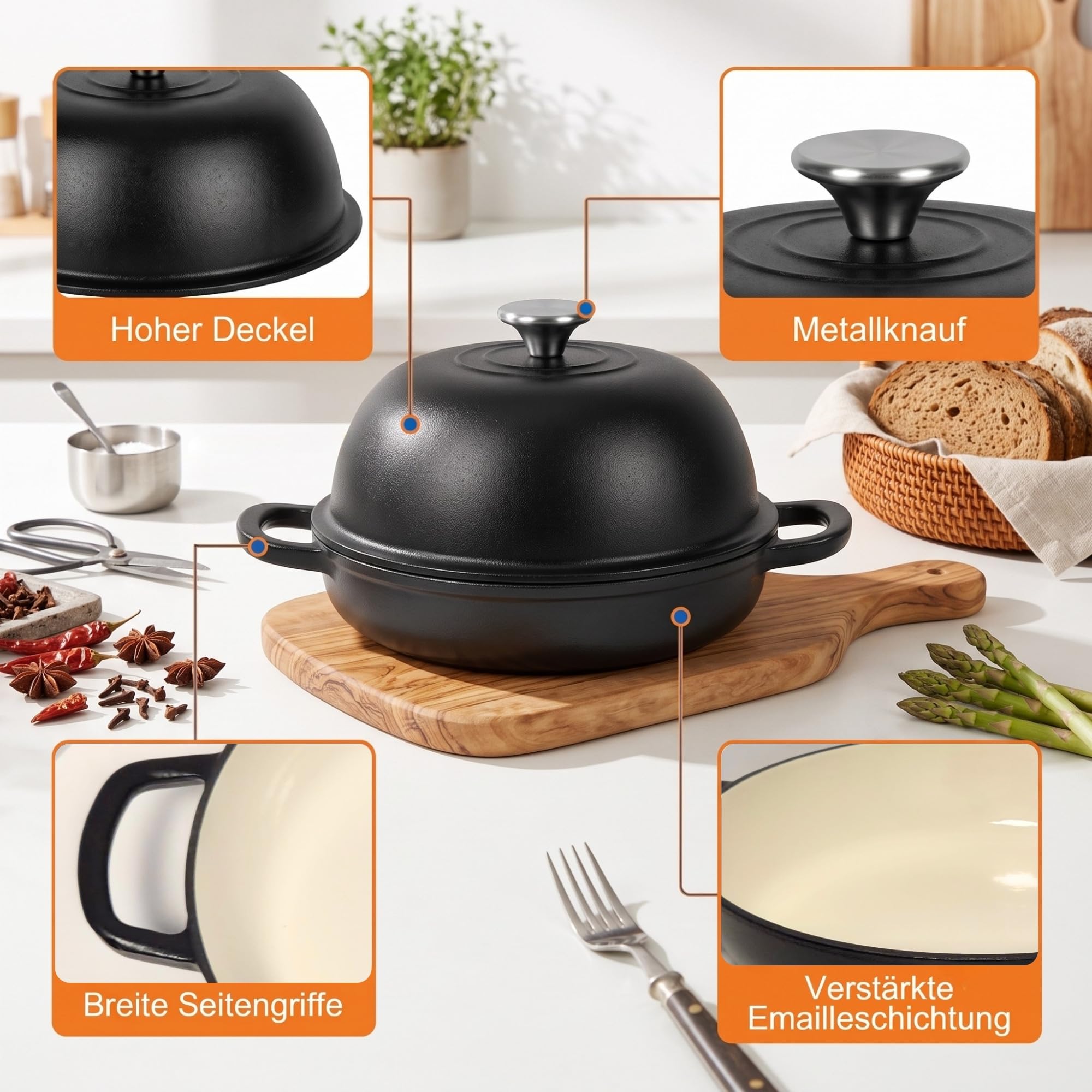 osoltus Gusseisen Brotbackform Set mit Kupeldeckel Silikonmatte Handschuhe Gärkorb 26cm Emaille Schwarz