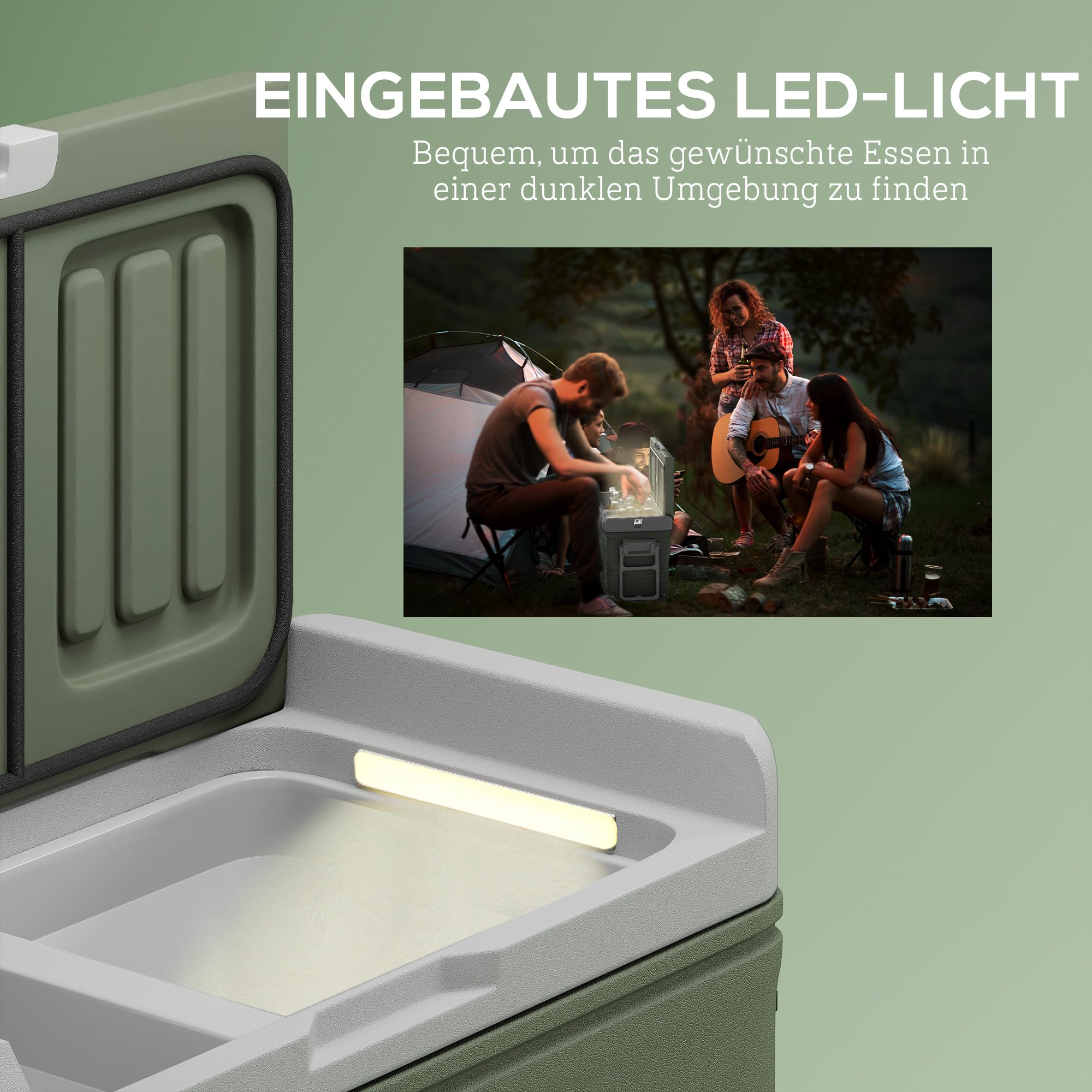 Outsunny 33 Liter Kompressor Kühlbox Leiser Elektrisch bis -20℃ Rolle Grün | Mini Kühlschrank, Kühlbox mit LED, Kühlfunktion, Gefrierbox, Thermobox, 12/230 Volt, für Auto LKW Camping Boot Reisen