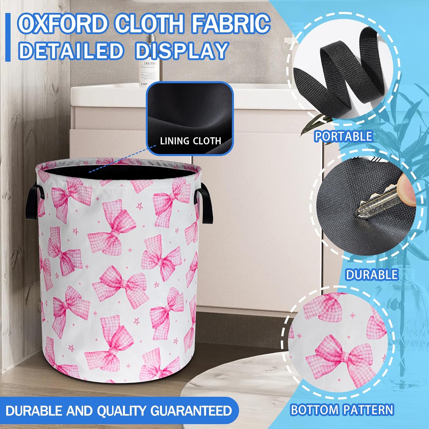 Pink Bow Laundry Basket Oxford Cloth Bowknot Laundry Hamper With Handle Foldable Portable Clothes Storage Basket 18.9 X 16.5 In Storage Bag For Laundry Room/Bathroom/Bedroom/Dormitories