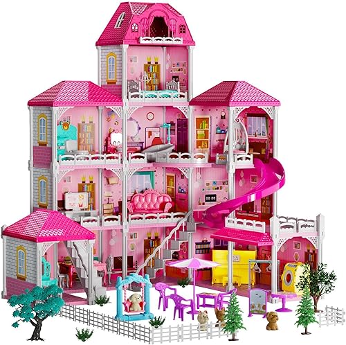 TEMI Villa Toys para niñas de 3, 4, 5, 6, 7, 8 años, 4 plantas, 12 habitaciones, juego interior con 2 muñecas, juguetes de muebles y accesorios,