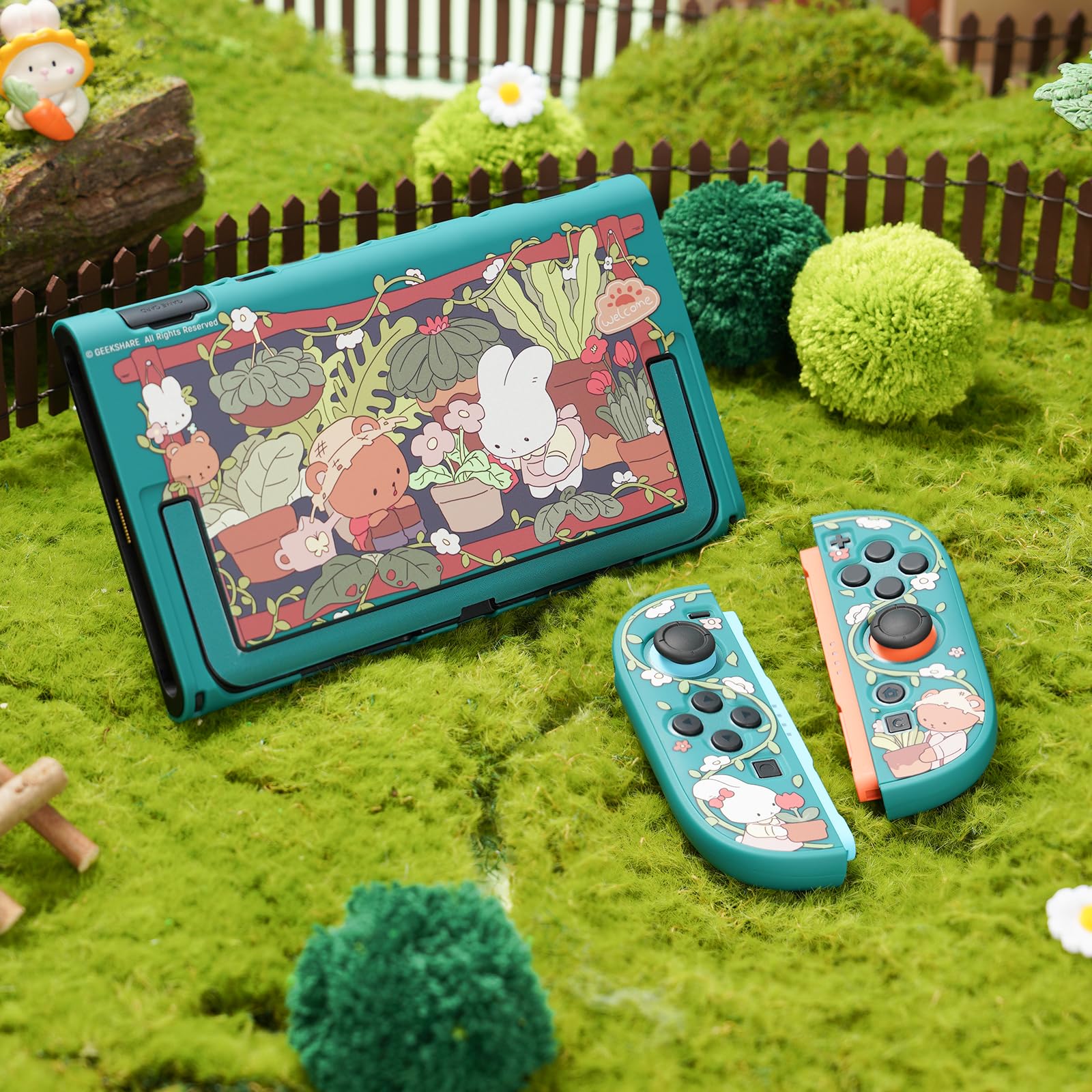 GeekShare Schutzhülle kompatibel mit Switch 2, niedliche, dockbare Cartoon-Hülle kompatibel mit Switch 2, kratzfestes und stoßfestes Design – Bunny Garden
