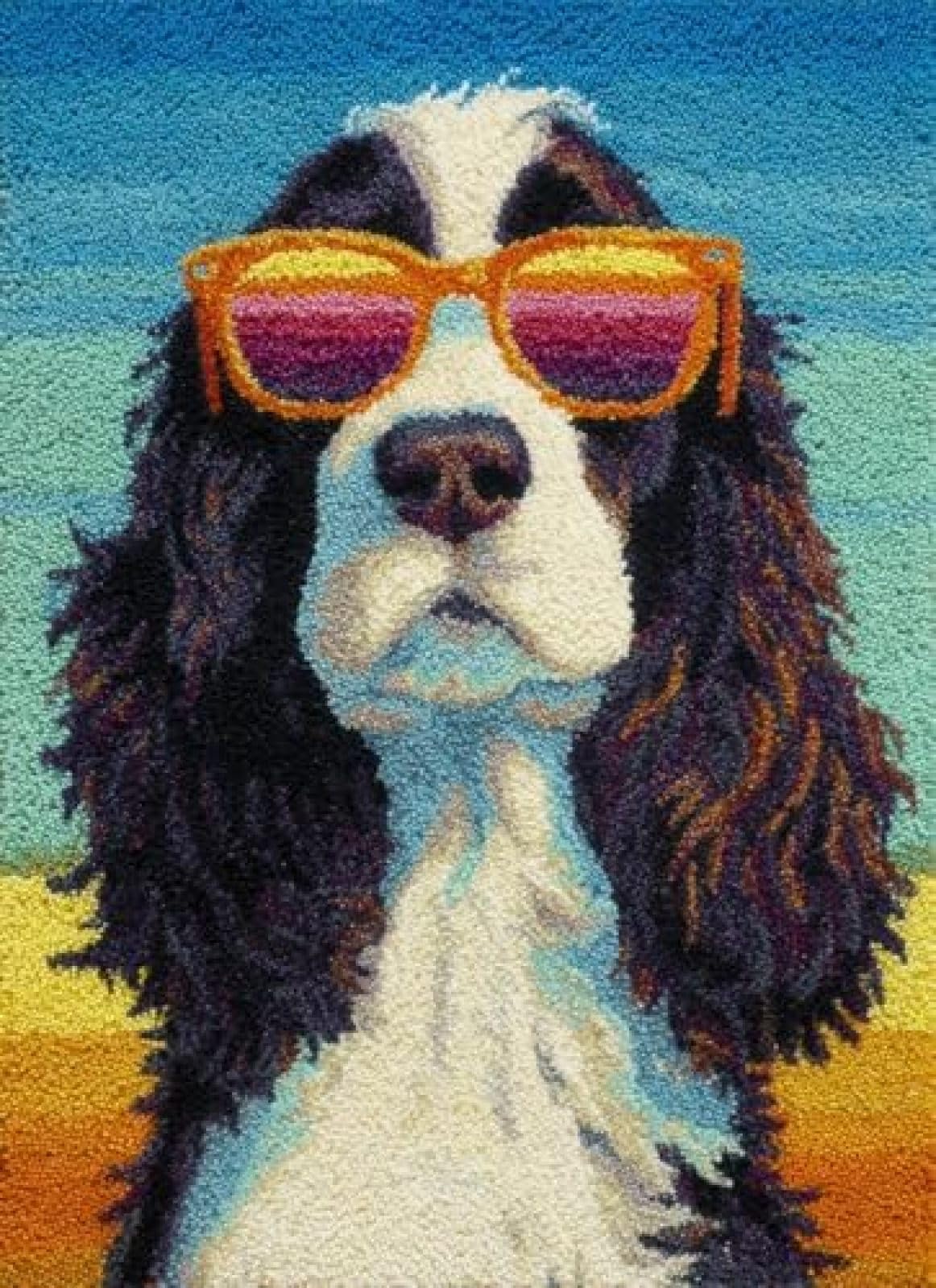 XDEGHUANGSS Latch Hook Rug Kit English Springer Spaniel Puppy Wear Sunglasses with Pre-Printed Mat Cover DIY Cushion Crochet Yarn Hooking Craft Set for Floor Decor 38x52cm-4