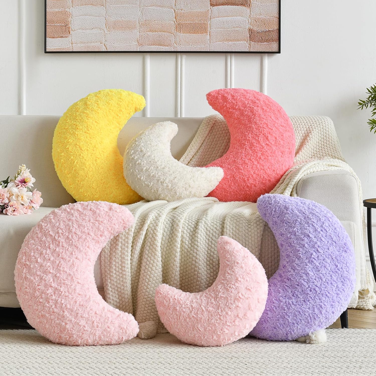 Moon Pillow, Decorative Throw Pillow with Soft Faux Fur for Couch Bed Sofa, Cute Half Moon Pillows with Room Decor for Bedroom Living Room (19 Inches, Yellow)