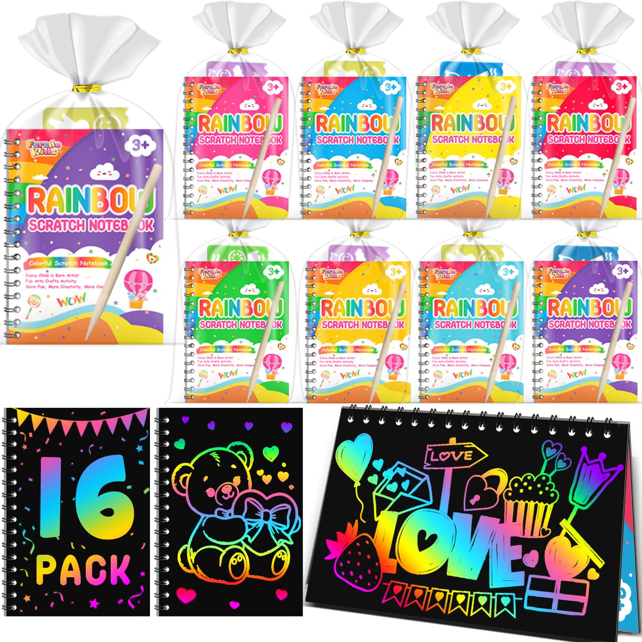 FEREDO KIDS Party Favors for Kids: 16 Pack Rainbow Scratch Art Notebook Students Classroom Gifts Bulk for Girls Boys Goodie Bags Stuffers, Return Gifts for Birthday Party Favors Bulk Kids Crafts
