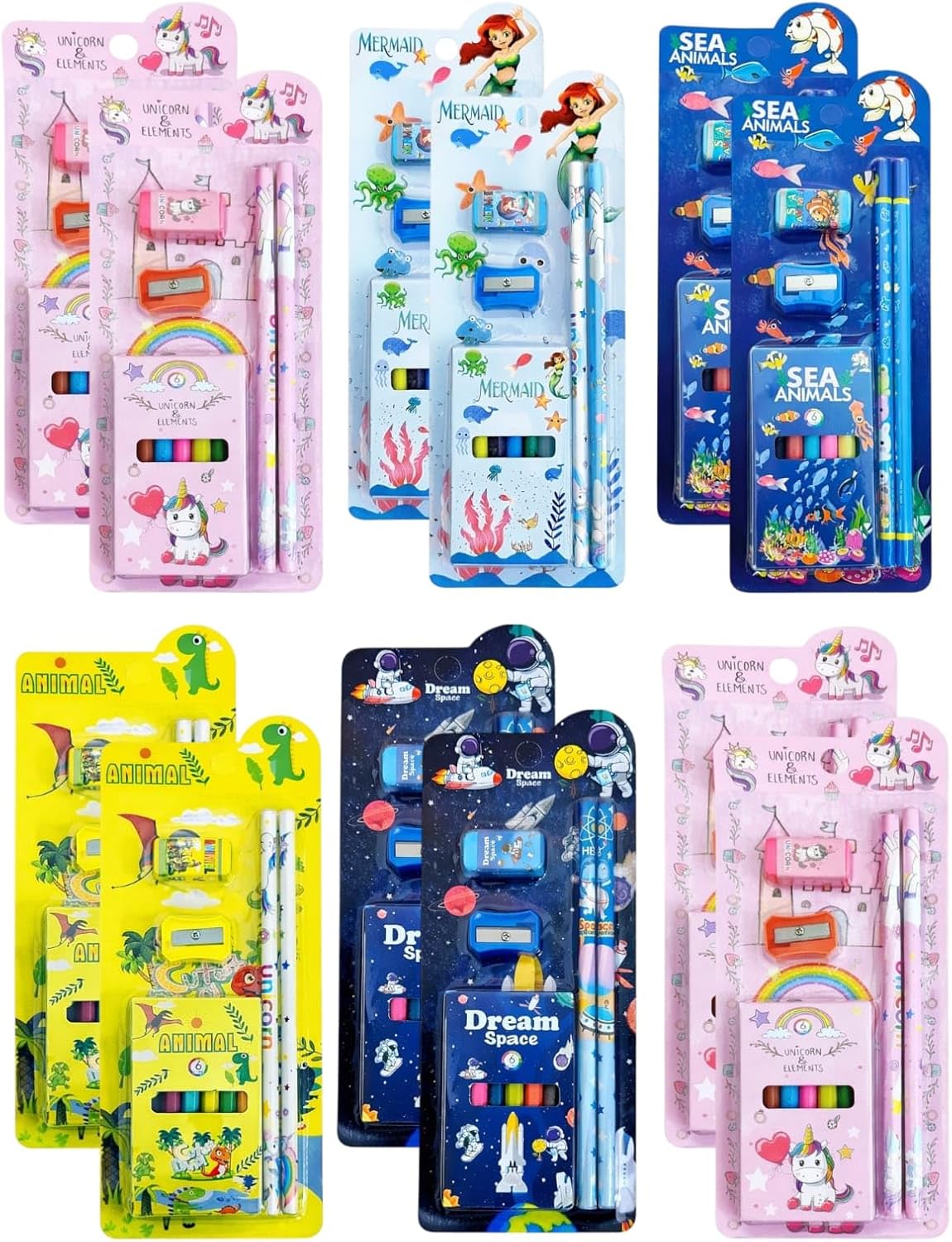 Kids Stationery Set – Unicorn, Mermaid, Sea Animals & Dream Space | Pencil, Eraser, Sharpener & 6 Color Crayons Combo | School Supplies & Return Gift Pack for Girls & Boys (12 (Pcs))