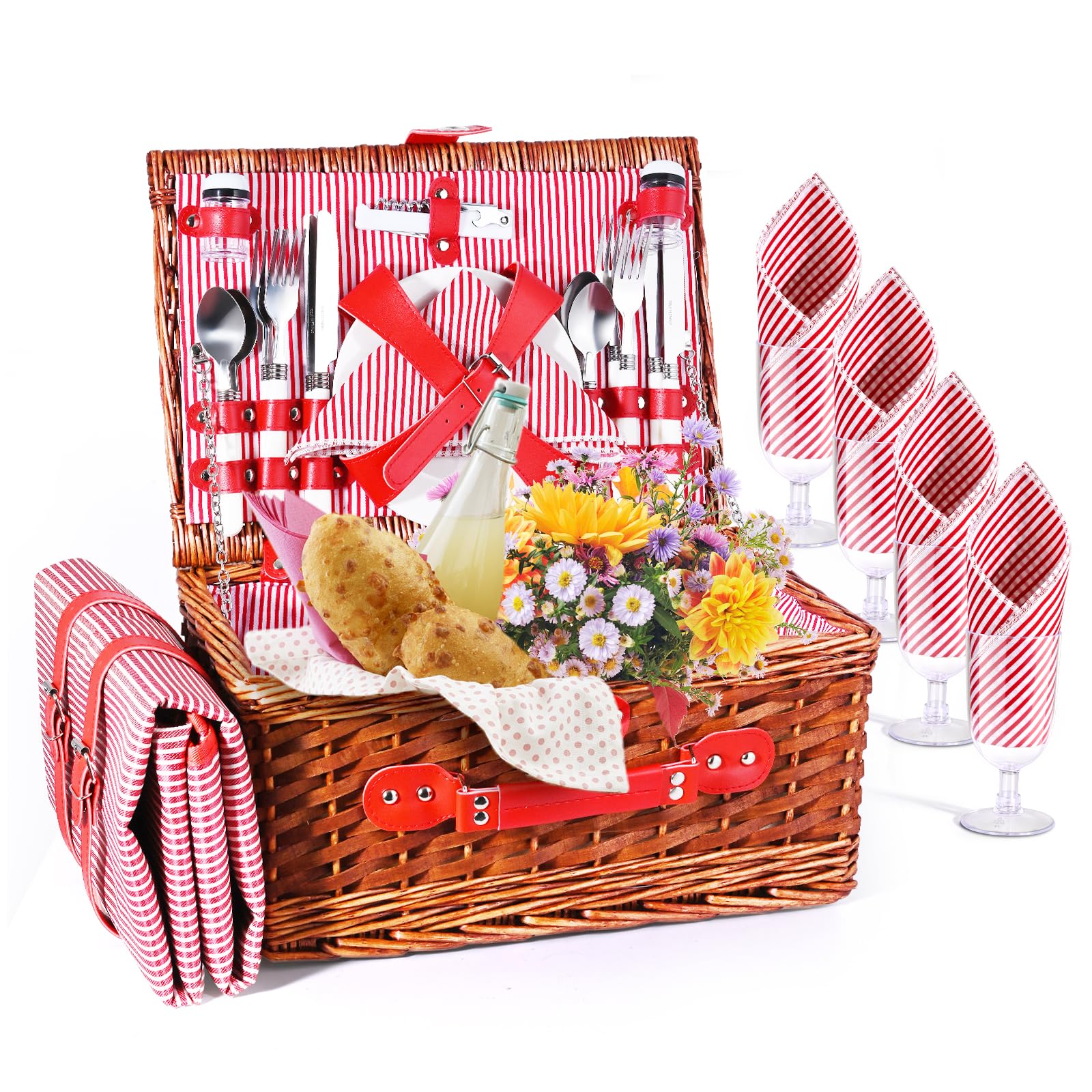 Cesta Picnic 4 Personas,Set de Picnic de Mimbre con Manta de Picnic Impermeable y Juego de Cubiertos, Cesta de Picnic para Camping,Rosa