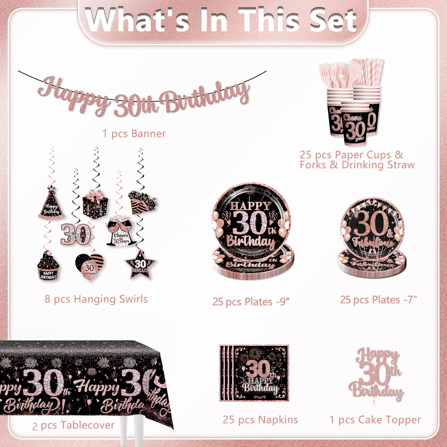Yingoto 161 PCS 30th Birthday Decorations for Women, Rose Gold Party Supplies Kit with 300gsm Cardstock Paper Plates, Perfect for 25 Guests, Ideal for 30th Birthday Celebration