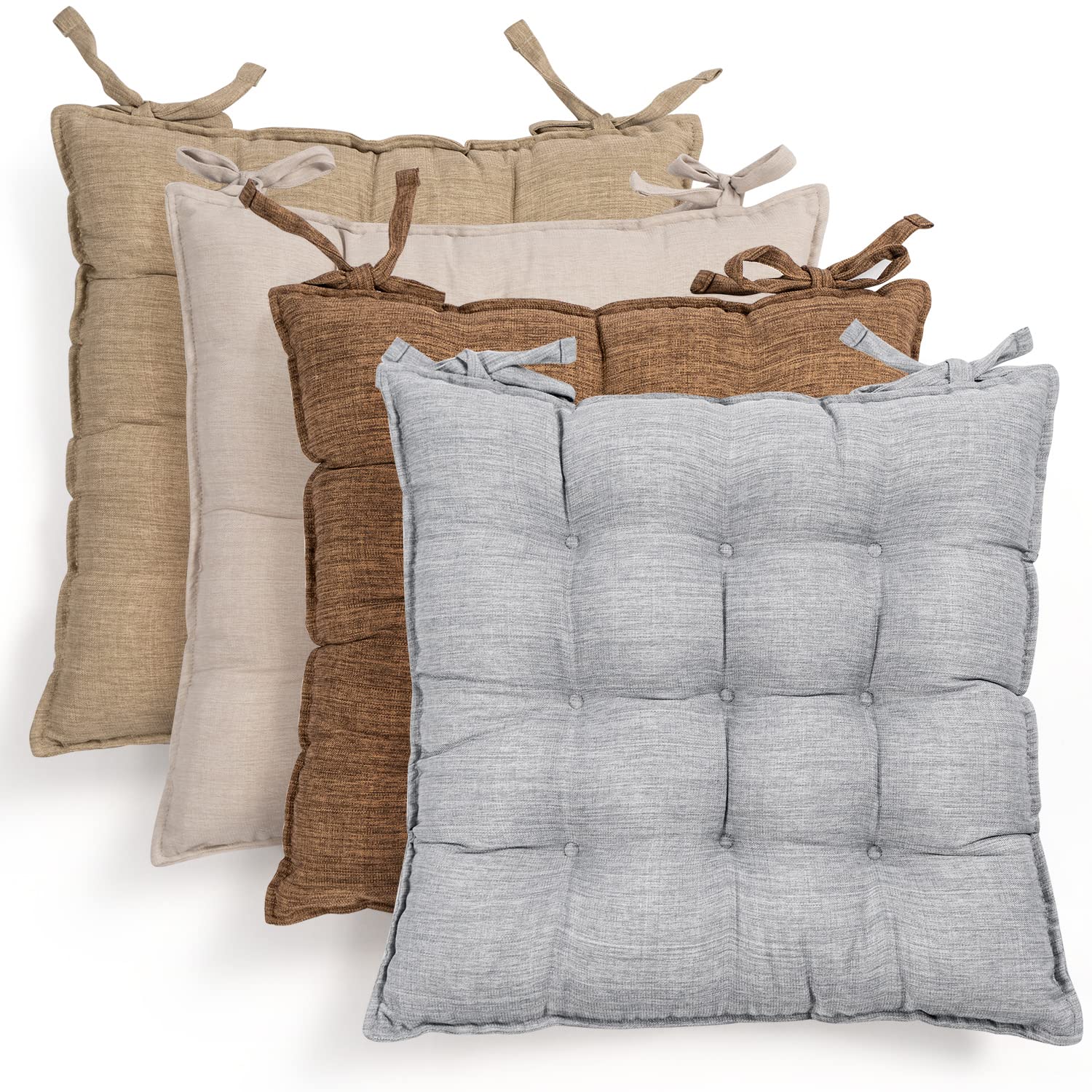 AIFY Chair Cushion, Thick, With Drawstring, Set of 4, Fluffy, Hemp Style, Plain, All Seasons, Seat Cushions, For Dining Chairs, 16.5 x 16.5 x 2.0 inches (42 x 42 x 5 cm), Set of 4