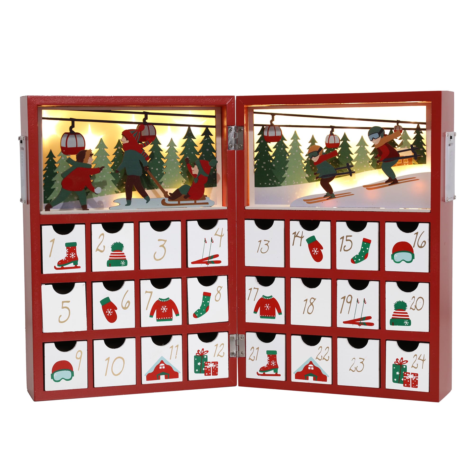 Weihnachts-Adventskalenderbuch aus Holz mit LED-Beleuchtung, rote Farbe, Weihnachts-Szenen, Countdown, Urlaubsgeschenke mit 24 Schubladen, für Erwachsene und Kinder, Heimdekoration