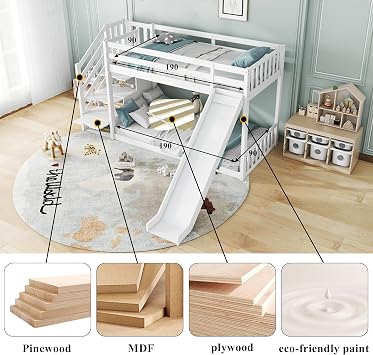 Twin over Twin Bunk Bed with Slide and Stairs, Kids Bunk Bed with Storage, Solid Pine Wood Frame Children Bed with 3 Drawers, 90x190cm, White