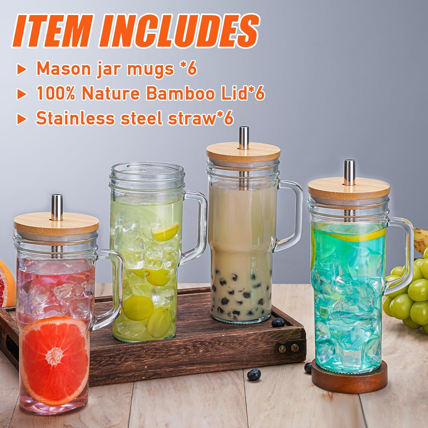6 Pack Glass Tumbler Cups with Handle, 24oz Bubble Tea Cup with Bamboo Lid& Wide Straws,Reusable Mason Jars with Wide Mouth Iced Coffee Cup, Drinking Glasses for Smoothie,Bubble Tea - Image 3