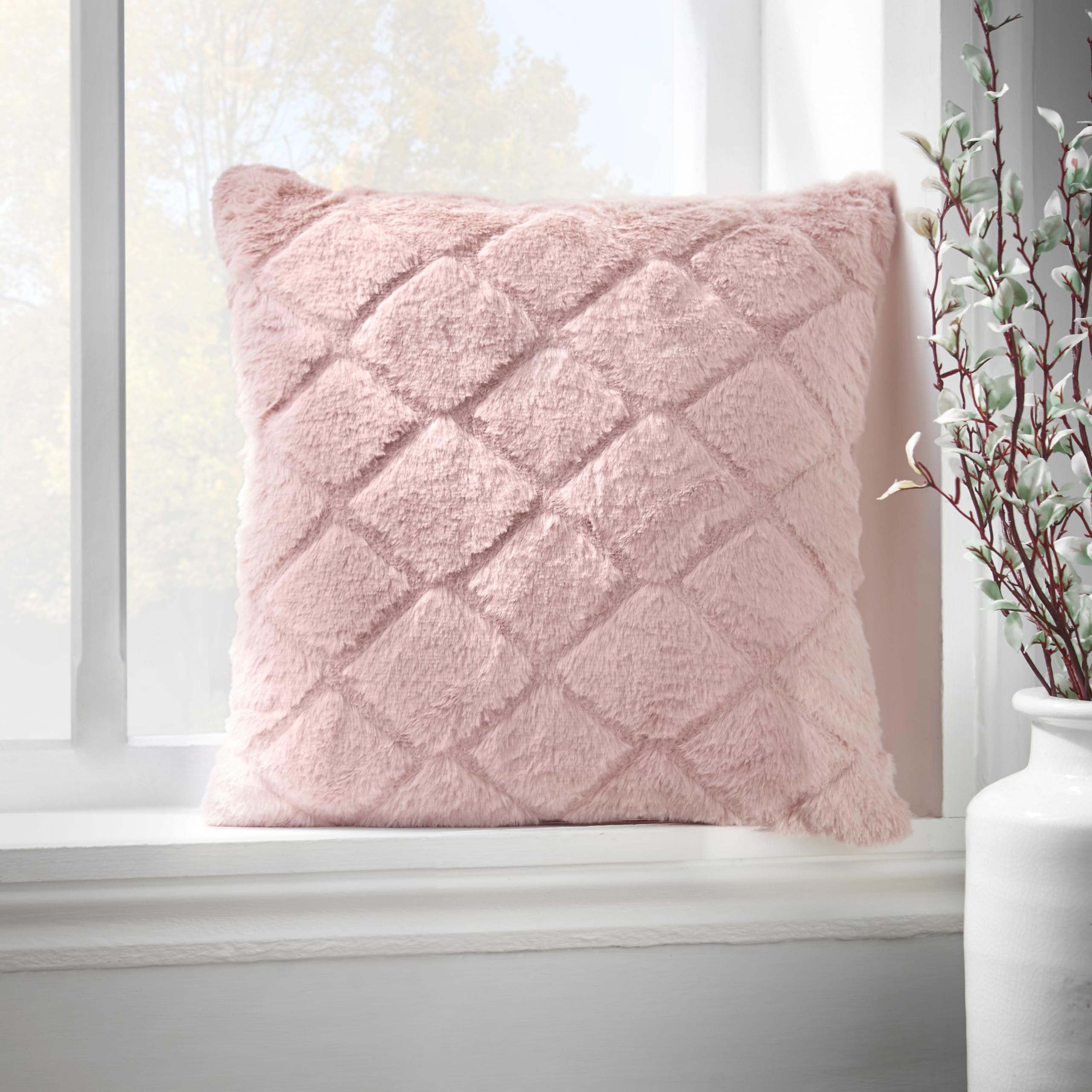 Catherine Lansfield Silver Cosy Diamond Cushion - 43x43cm - Faux Rabbit Fur