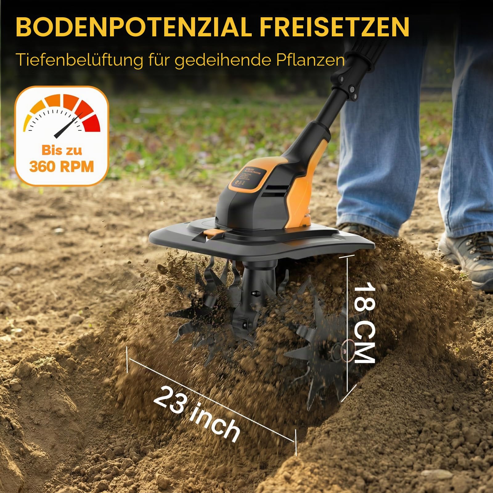 Akku Gartenfräse mit 4,0Ah Akku & Ladegerät – Motorhacke 360 U/min, 23cm Arbeitsbreite, 18cm Arbeitstiefe – kabellose Bodenhacke & Bodenfräse für Rasen, Beet & Garten
