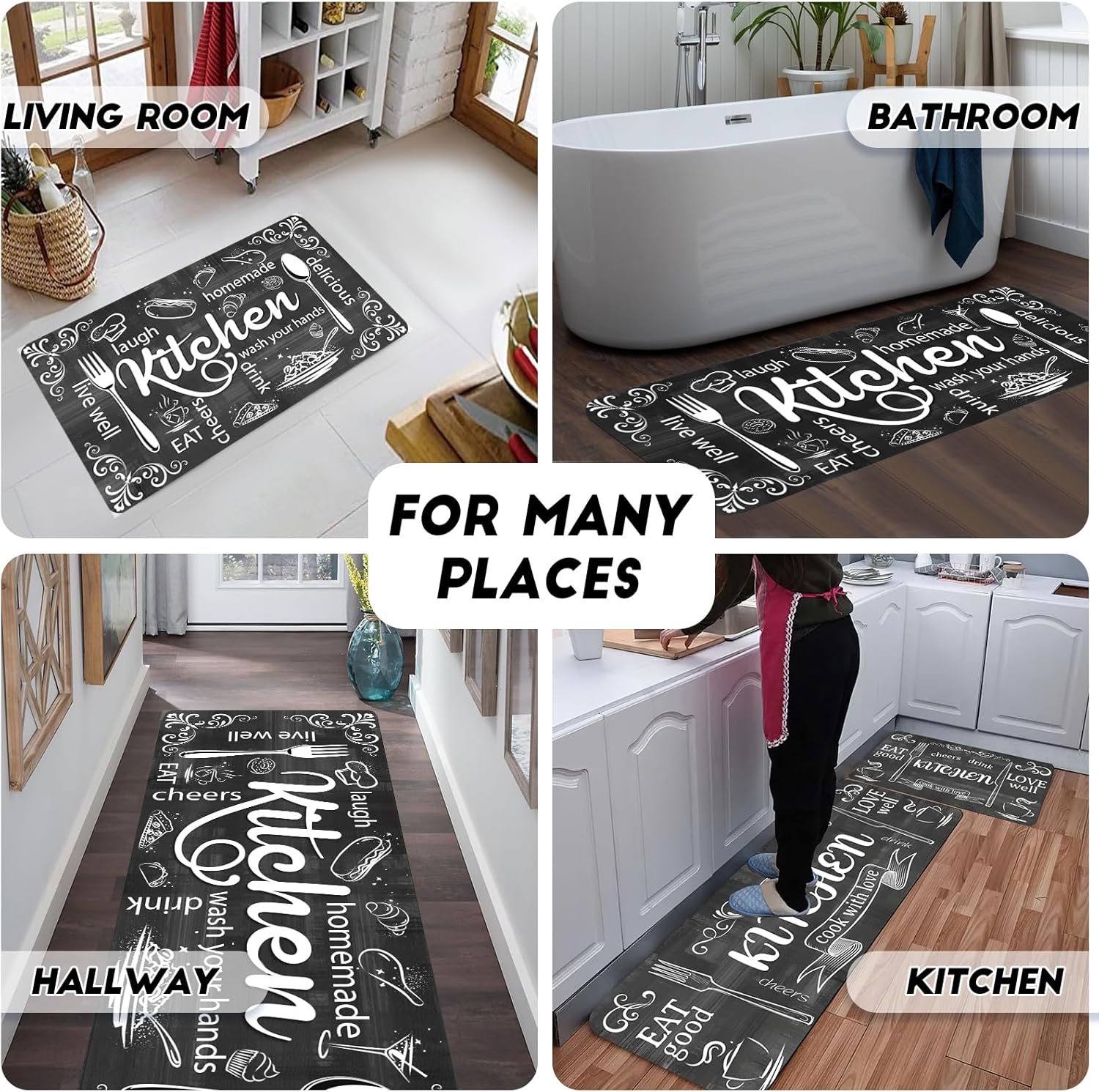 3-Pack Non-Slip Kitchen Rugs - Grey Farmhouse Cushioned Mats, Washable & Stain Resistant Kitchen Mats for Floors, Laundry, Bathroom, Entryway