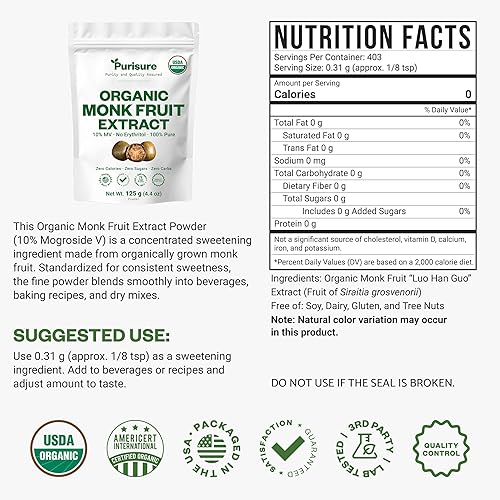 Miniatura 2 de Edulcorante orgánico de fruta de monje, 4.41 oz (4.41 onzas), sin rellenos, polvo puro de extracto de fruta de monje orgánico USDA sin regusto, cero