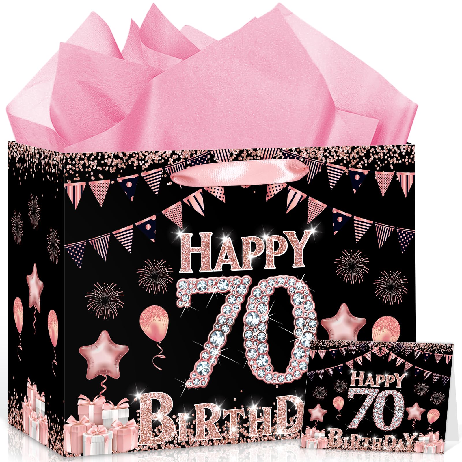 70th Birthday Gift Bag with Wrapping Paper and Card, Black Pink Happy 70th Birthday Gift Bag 70 Year Old Wrapping Paper Bag for Women Mom Grandma 70th Party Decorations Supplies