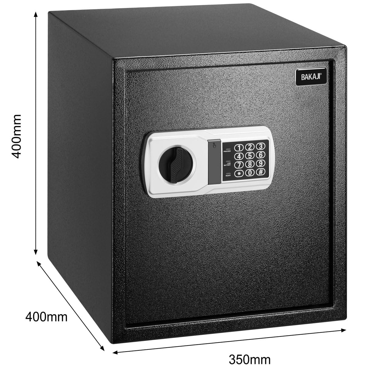 BAKAJI Cassaforte Elettronica di Sicurezza con Box Batteria Esterno, Cassetta Porta Valori e Documenti Antiscasso per Casa, Hotel, Armadio a Muro Parete o Indipendente, 40 x 35 x 40 cm (Nero)
