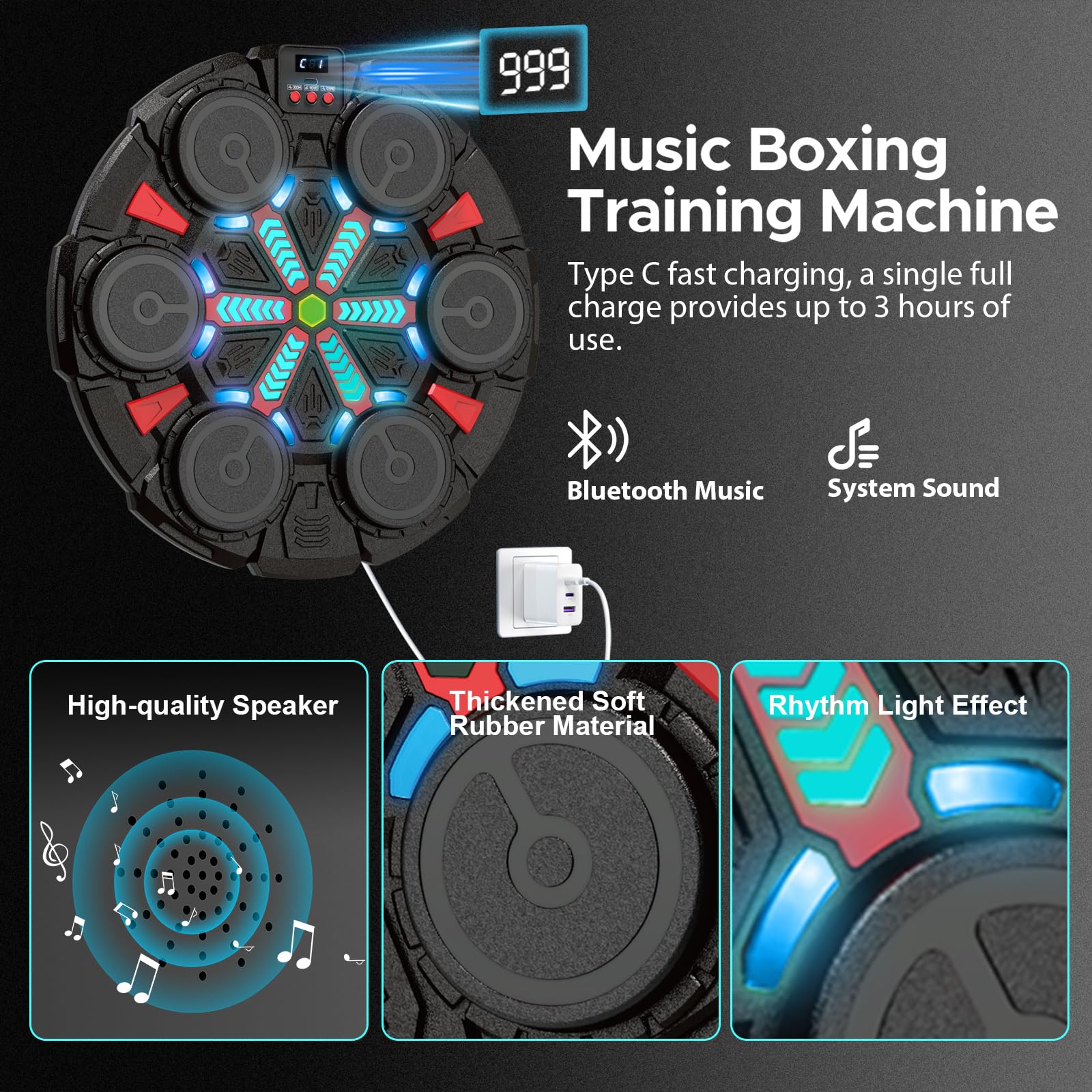 Macchina da boxe musicale per bambini e adulti, tappetino da boxe Bluetooth da parete con guanti, luci ritmiche e attrezzatura per due giocatori, per la casa, la palestra, giocattoli sportivi, regali