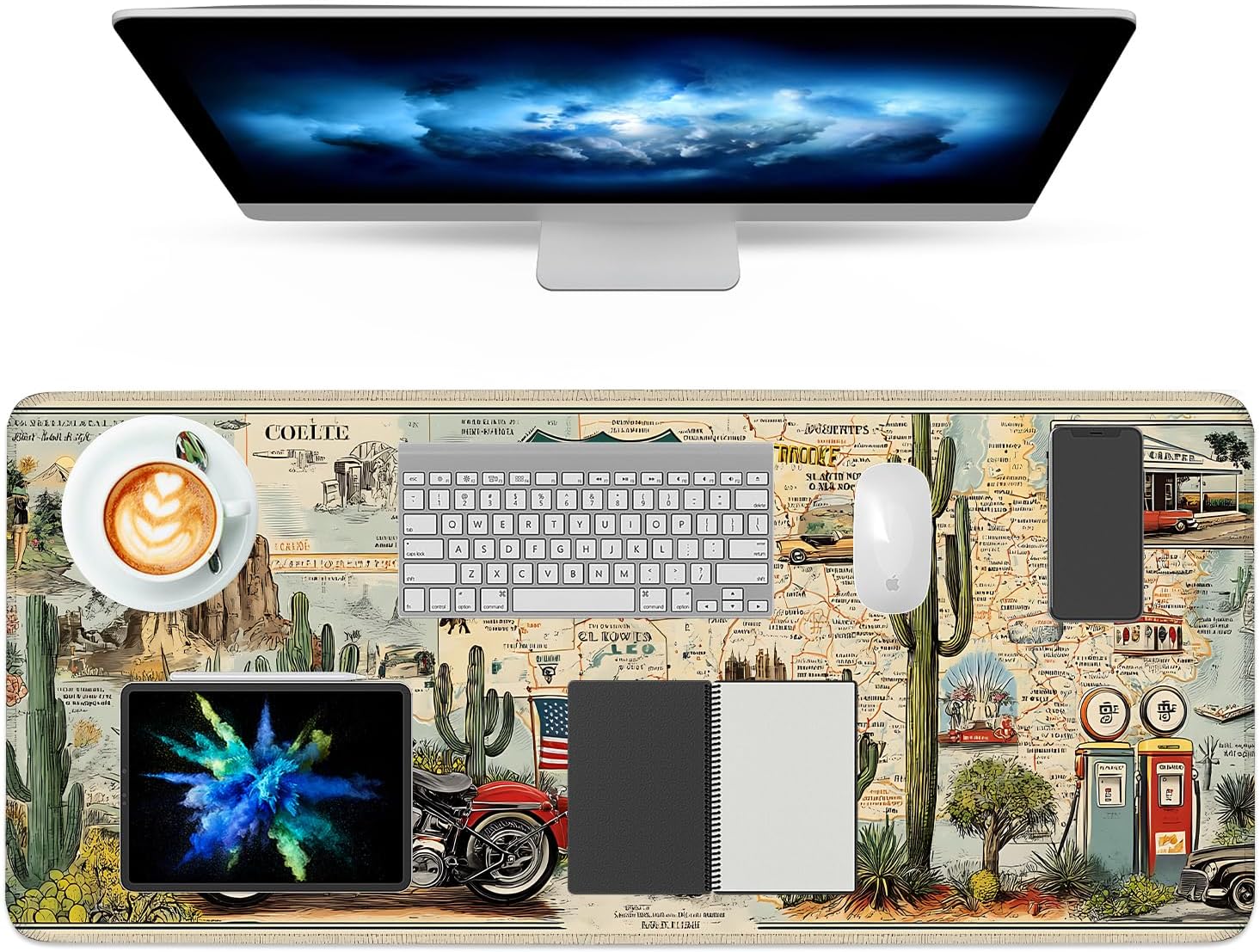 Route 66 Desert Extended Gaming Mouse Pad,35.4 x 15.7 Inch Large Desk Mat with Stitched Edges,Spill-Proof Water-Resistant Surface,Non-Slip Rubber Base for Gaming,Office,Home Office,Trip Lovers