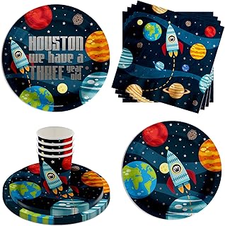 Space Party Supplies - Boys 3rd Birthday - Rocket Tableware Set Includes Large Paper Plates Napkins Cups - Kit for 16 (Houston We Have a Three Year Old, 64 Piece)