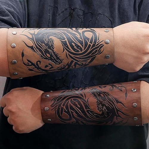 Miniatura 4 de JAOYU Brazaletes de cuero para hombre, armadura de brazo, brazalete de guantelete, brazaletes medievales, joyería vikinga para mujer, disfraz