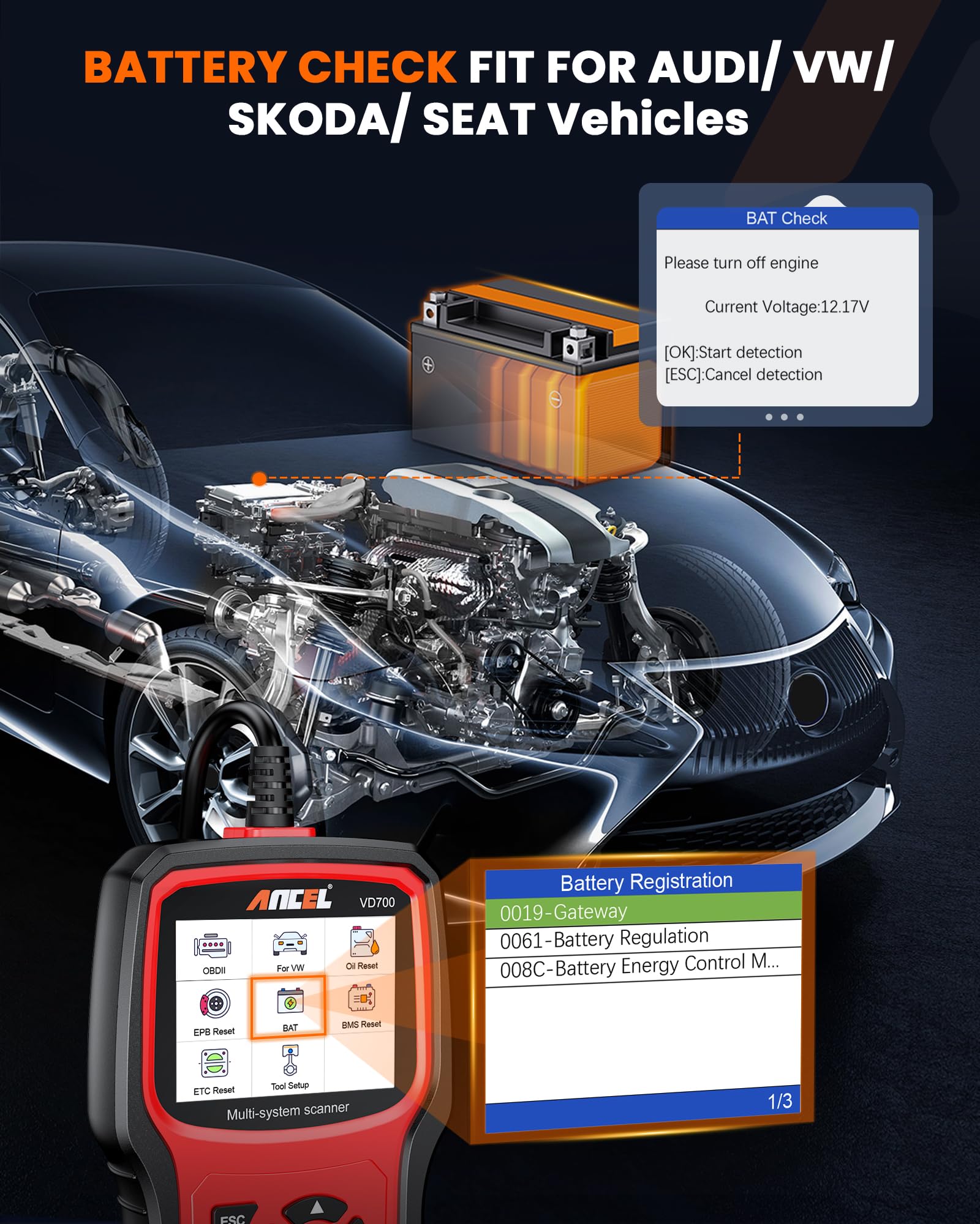(Upgraded Version) ANCEL Ganzes System OBD2 Diagnosegerät für VAG Fahrzeuge | OBD Diagnose Scanner für Öl TPMS EPB TPS Injektor SAS DPF Reset Batterier Registrierung Fehlercode Auslesegerät
