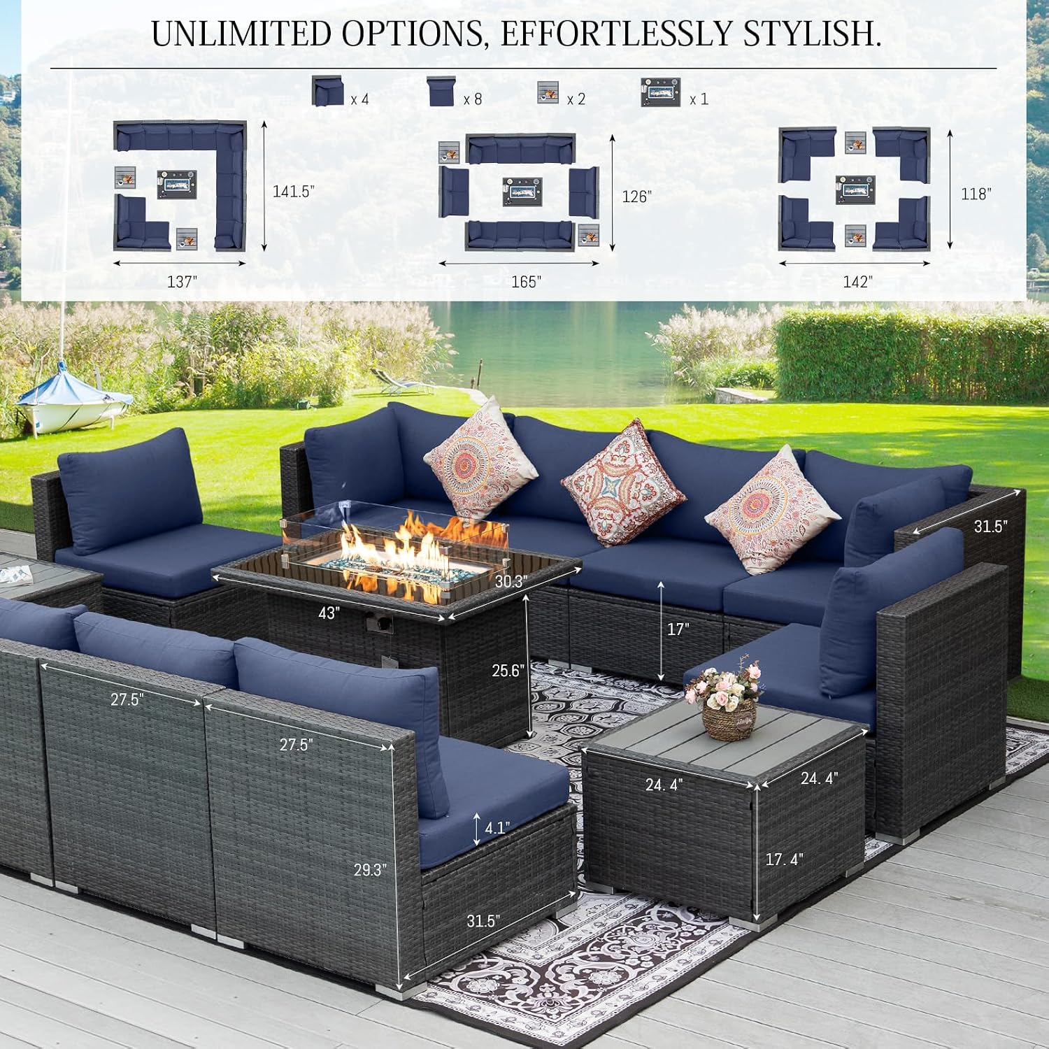BULEXYARD 15 Pieces High Back Large Patio Sets with Fire Pit Table, Extra Large Deep Wide Seat Outdoor Sectional Sofa Couch Modular, All Weather Backyard Sitting Furniture, Grey Wicker & Navy Cushion
