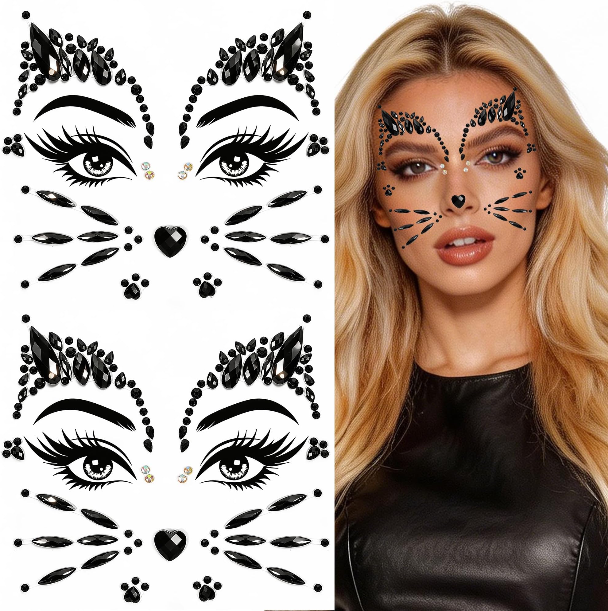 Gofriipai Black Cat Face Stickers, Cat Jewels, Halloween Makeup, Rhinestone Gems for Women's Costume