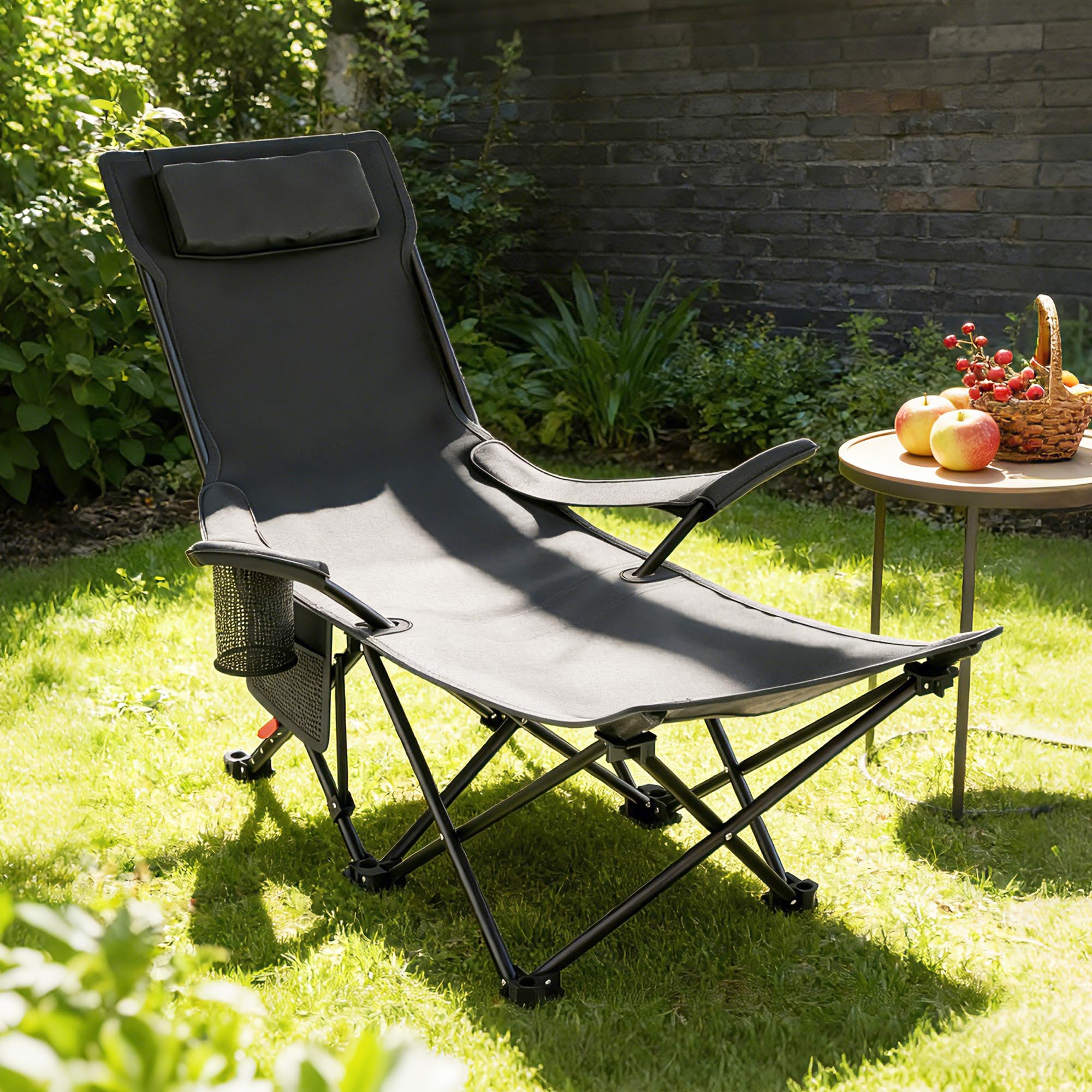 Chaise de camping, pliable avec repose-pieds et support dorsal réglable sur 4 positions, chaise de camping avec porte-gobelet et sac de transport, chaise pliante pour camping, pêche et plage
