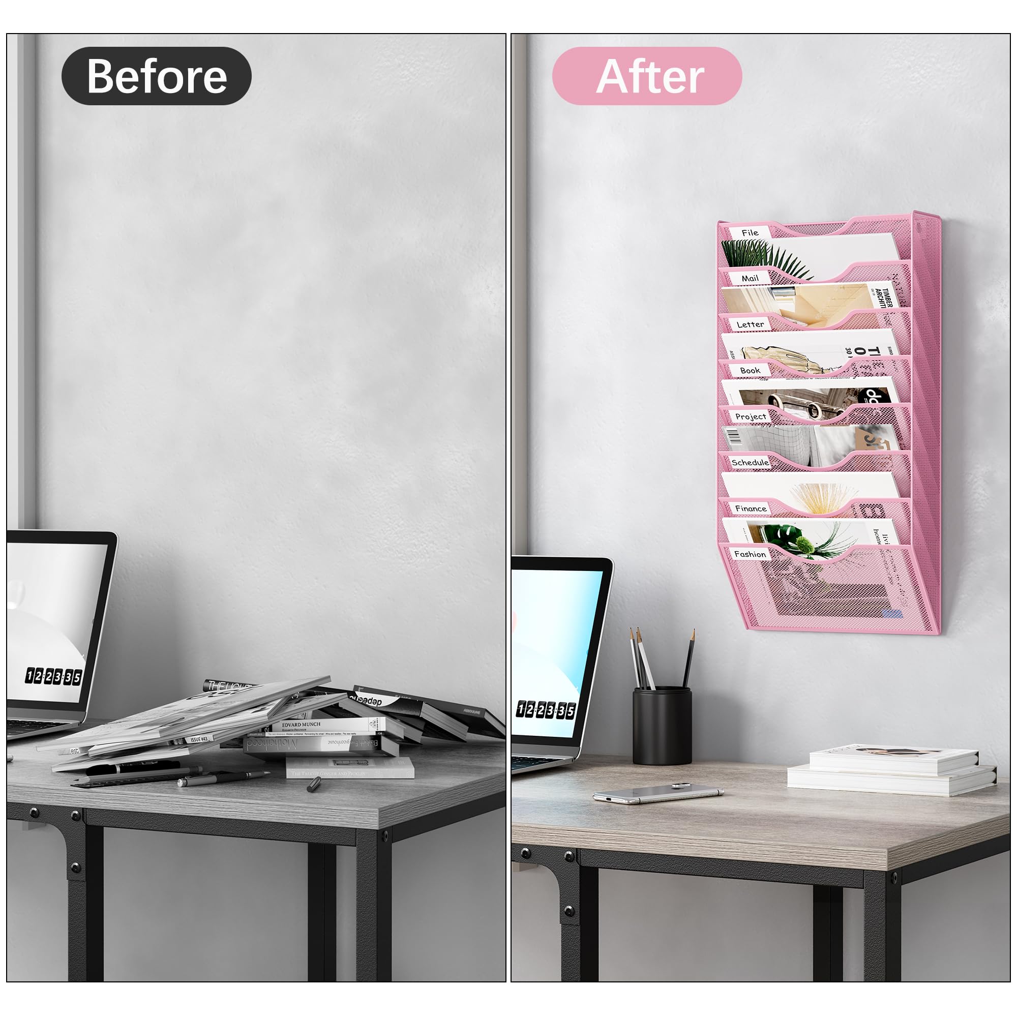 EasyPAG Organizador de archivos de pared de malla de 8 bolsillos con soporte para llaves, fácil gestión y clasificación de archivos, soporte de pared que ahorra espacio para oficina, hogar, aula