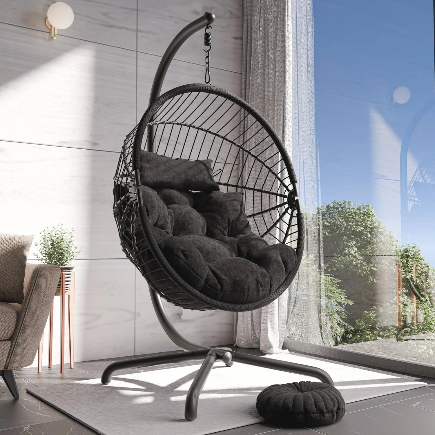 Blisswood Rattan Swing Chair for Indoor & Outdoor use - Hammock Hanging Egg Chair with Cushion and Stand - Foldable Wicker Pod Chairs for Garden, Patio or Balcony - Upto 150kg Weight Capacity (Black)