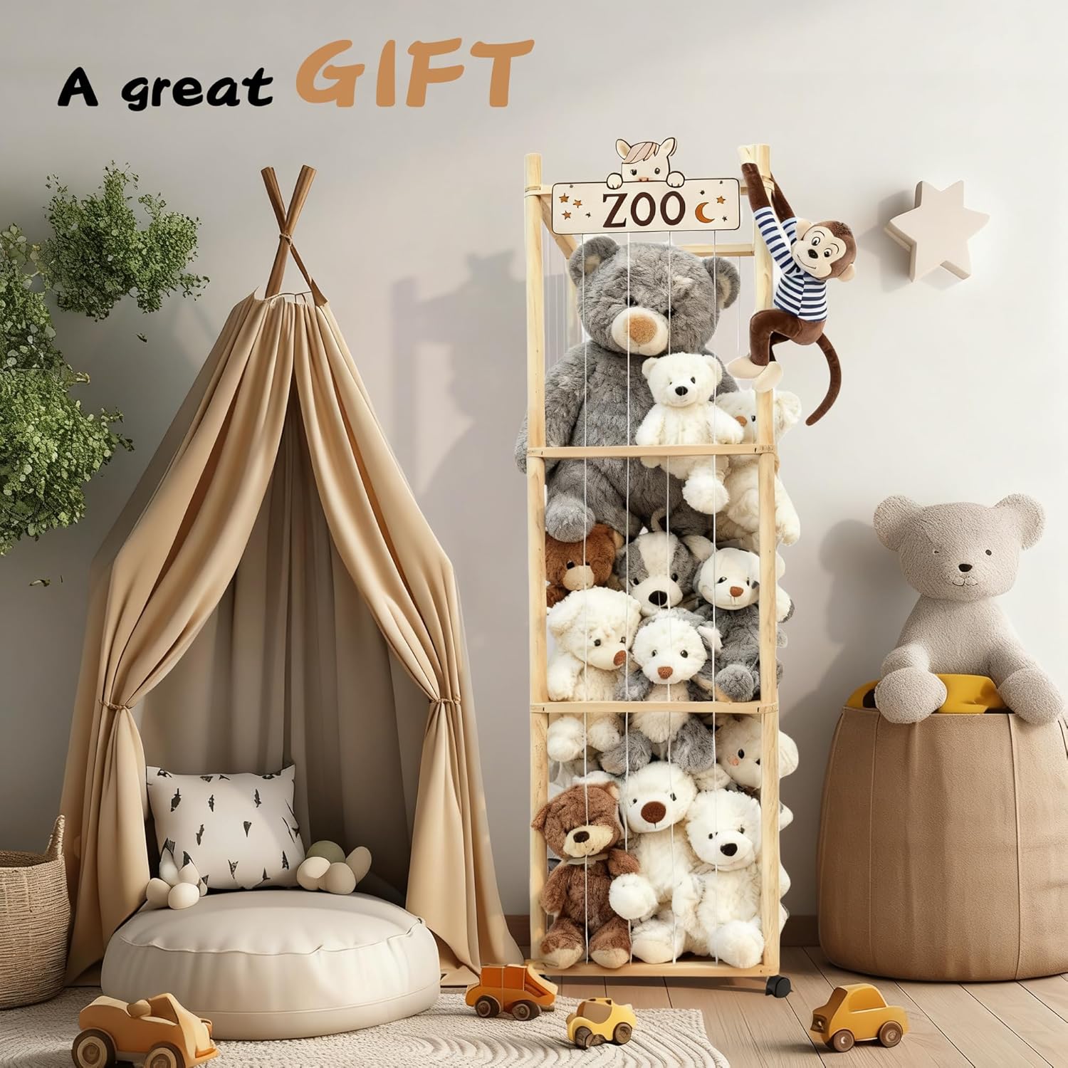 Stuffed Animal Storage Organizer, 55In Large Wooden Zoo Toy Storage Holder with Brake Wheels & Elastic Band, Space Save Stuffy Plushies Organizers for Playroom, Bedroom and Nursery - Image 7