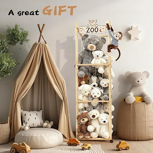 Miniatura 7 de Organizador de madera para animales de peluche, soporte de peluche de gran capacidad con cordones elásticos para almacenamiento de animales de