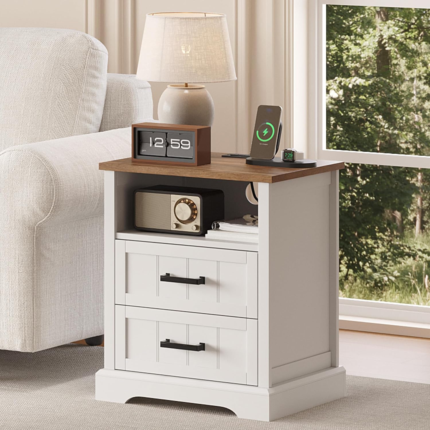 ChooChoo Farmhouse Night Stands with Charging Station, Wood Nightstand with 2 Drawers, Bedside Table with Open Storage Shelf for Bedroom, White