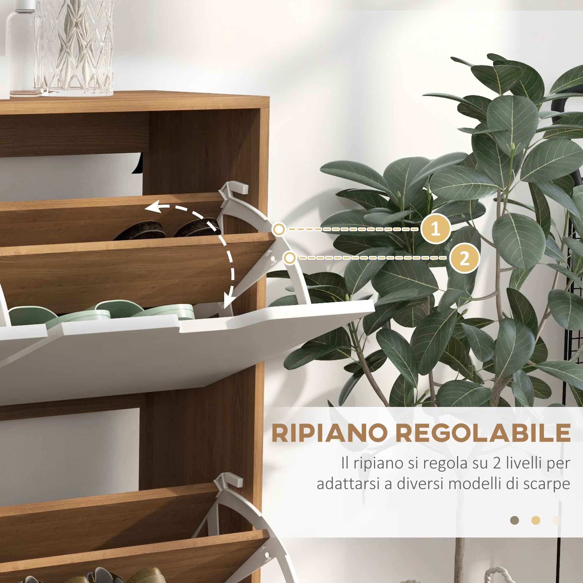 HOMCOM Scarpiera da Ingresso con 4 Cassetti Ribaltabili a 2 Livelli per 16 Paia di Scarpe, Mobile Scarpiera Salvaspazio con Ripiani Regolabile in Truciolato e Legno di Pino, 95x26x95 cm, Color Legno