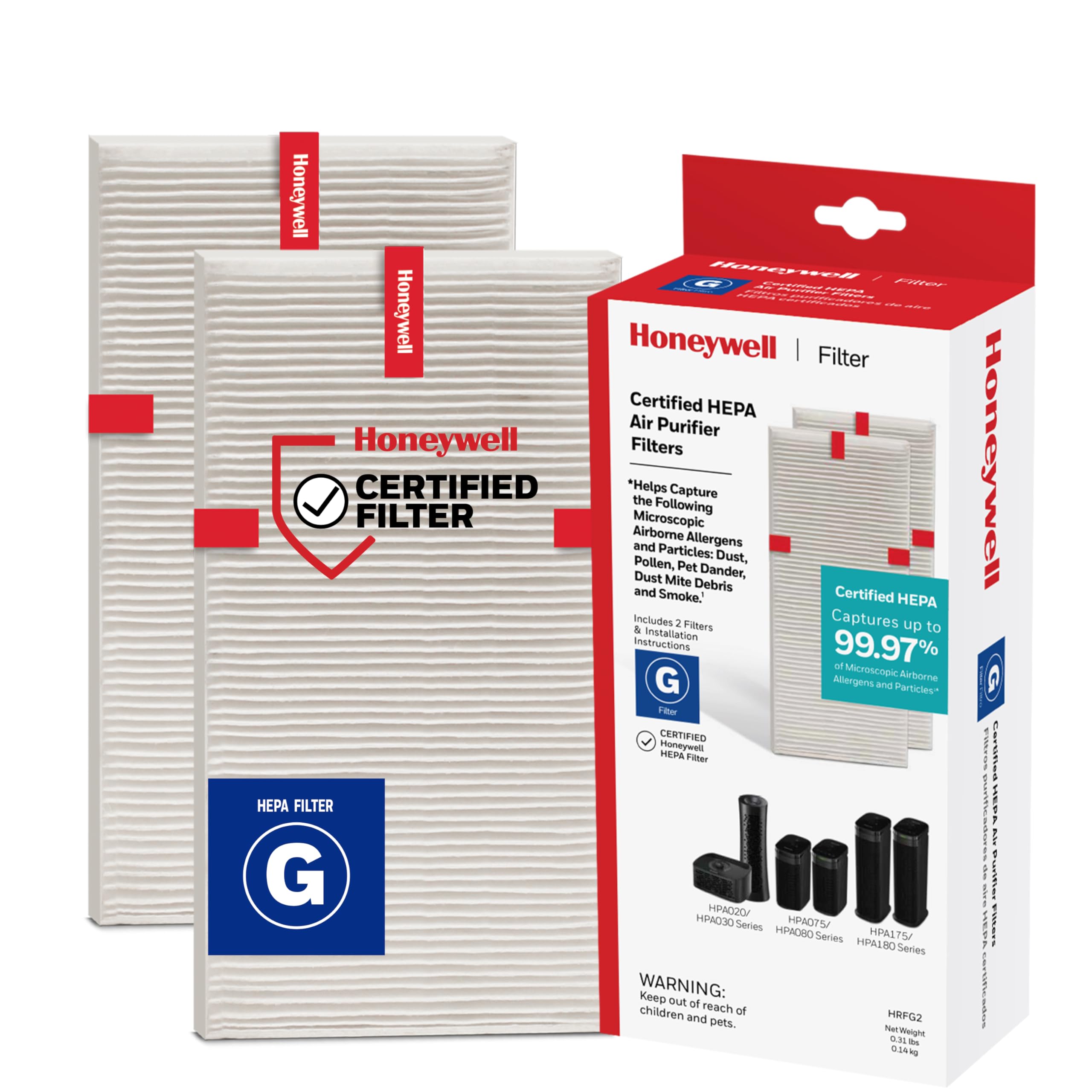 Honeywell Genuine HEPA Air Purifier Filter G, 2-Pack, Airborne Allergen Air Filter Targets Smoke, Pollen, Pet Dander, and Dust