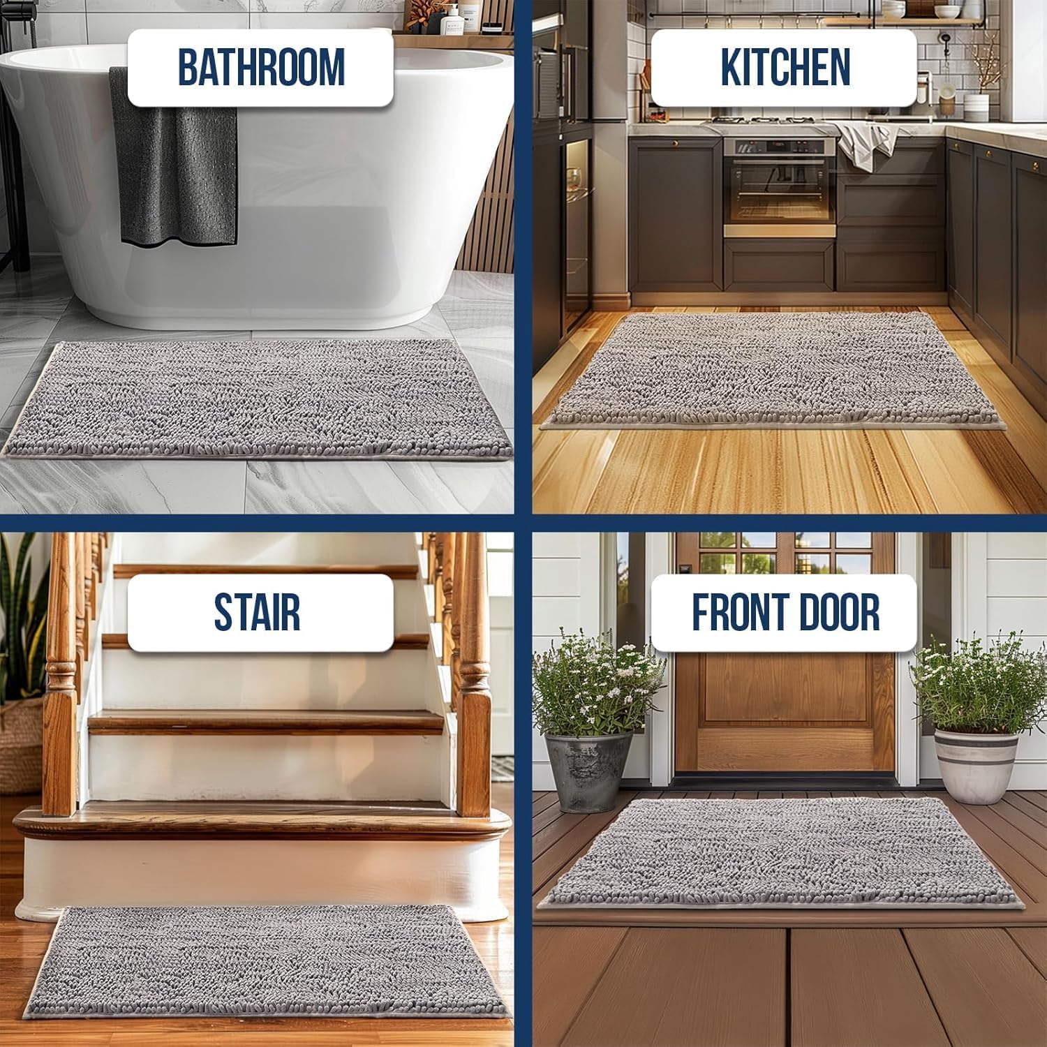Muddy Mat® | Chenille Bathroom Rugs Quick Dry Microfiber Mats Non Slip Washable, Extra Thick, Soft and Highly Absorbent Bath Mats for Bathroom, Kitchen, and Shower Floor - Grey 24"x36"