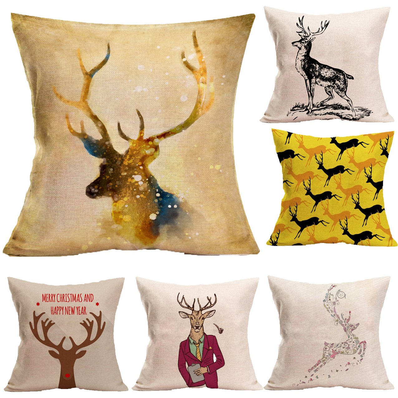 Feidiao 6 Pack DavonArt Cotton Linen Square Home Decorative Animal Deer Throw Pillow Case Cushion Cover 18 X18 inch