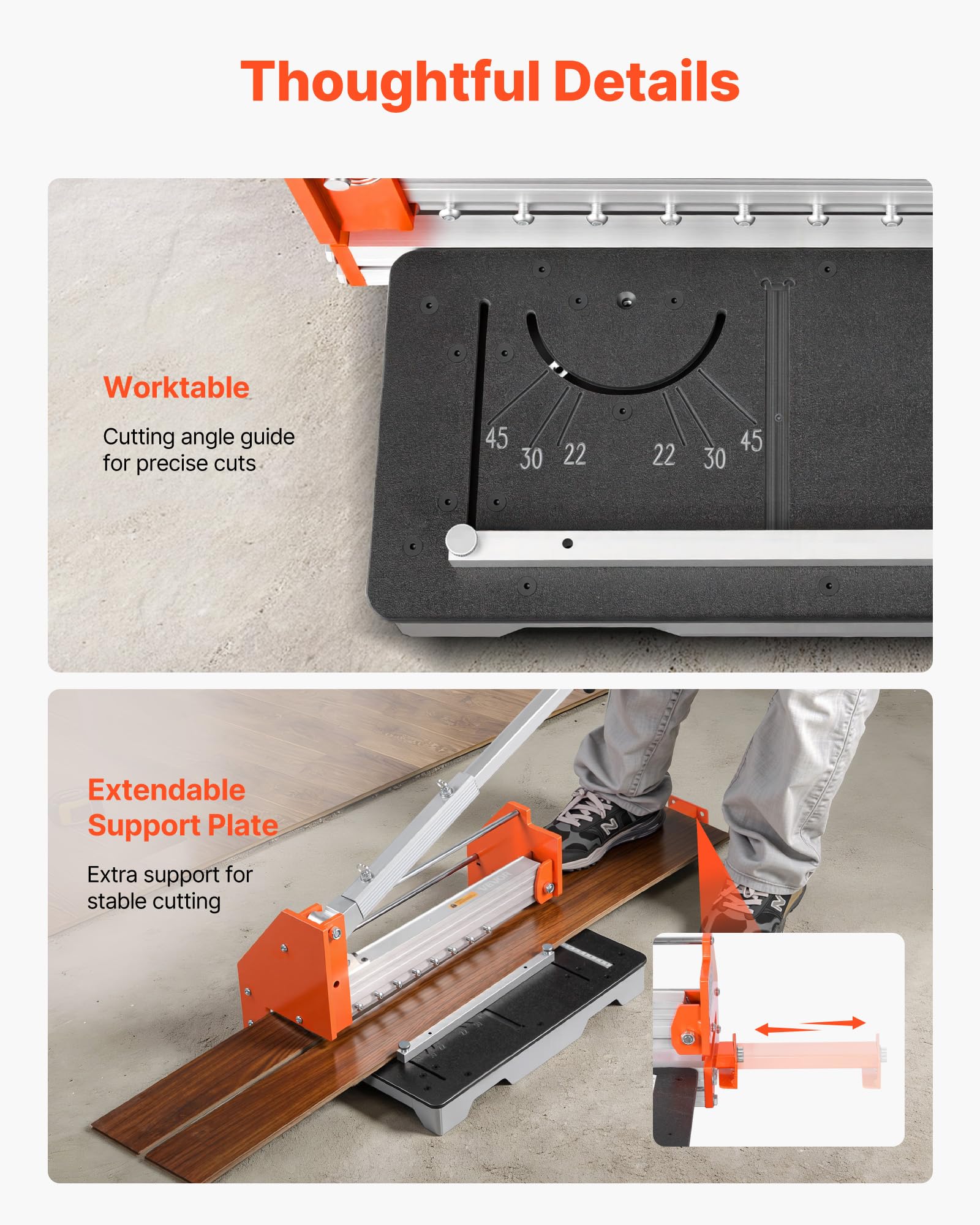 VEVOR Vinylschneider 304,8 mm, Laminatschneider 16mm Schnittstärke, mit Hebel aus Aluminiumlegierung, Teleskopierbarer Stützplatte, zum Schneiden von Parkett, LVT, VCT, SPC, LVP, WPC