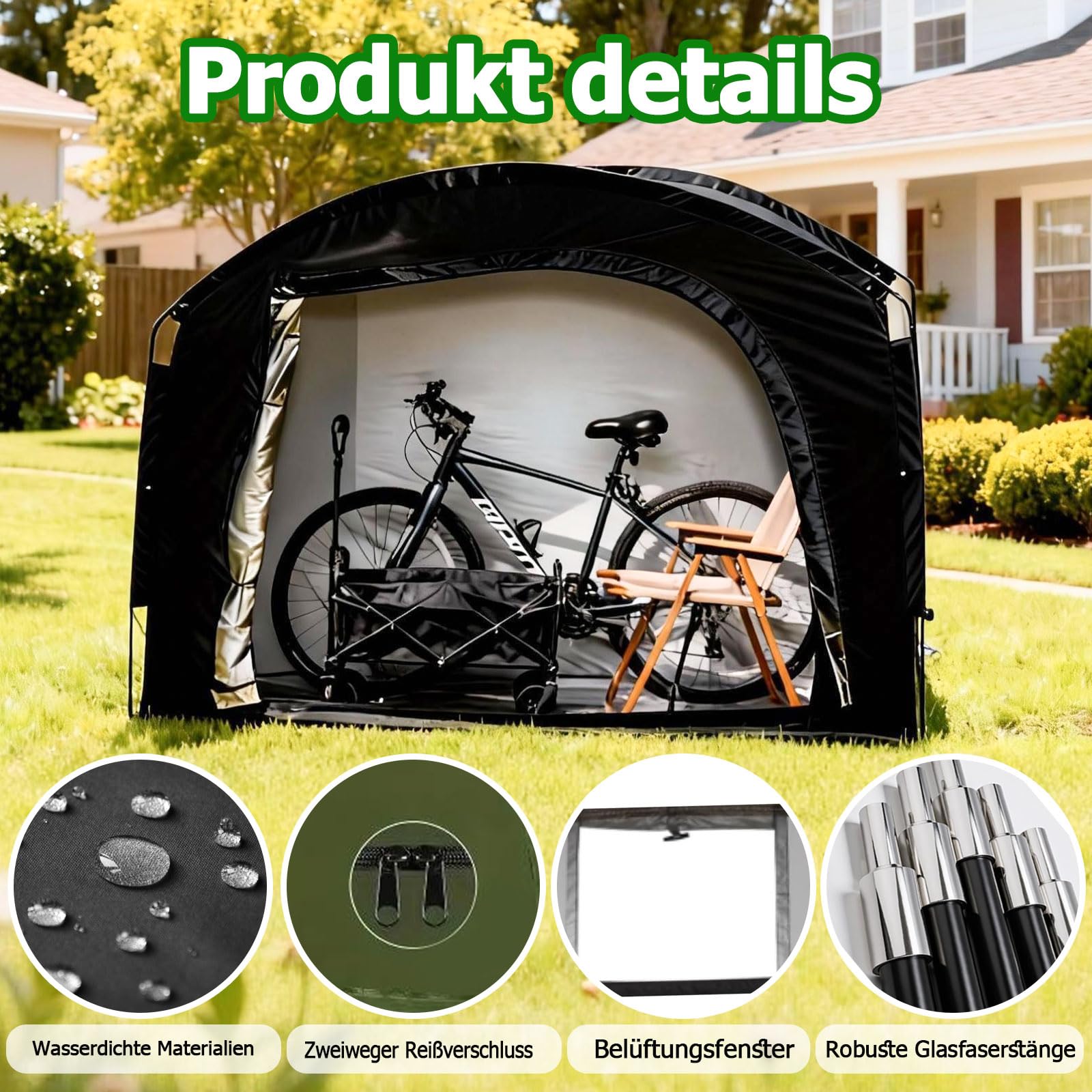 Fahrradzelt für 4 Fahrräder, 220*150*185cm Großräumiger Fahrradgarage Wasserdicht UV-beständig, Geräteschuppen für die Lagerung von Fahrrädern, Gartengeräten, Tischen und Stühlen im Freien