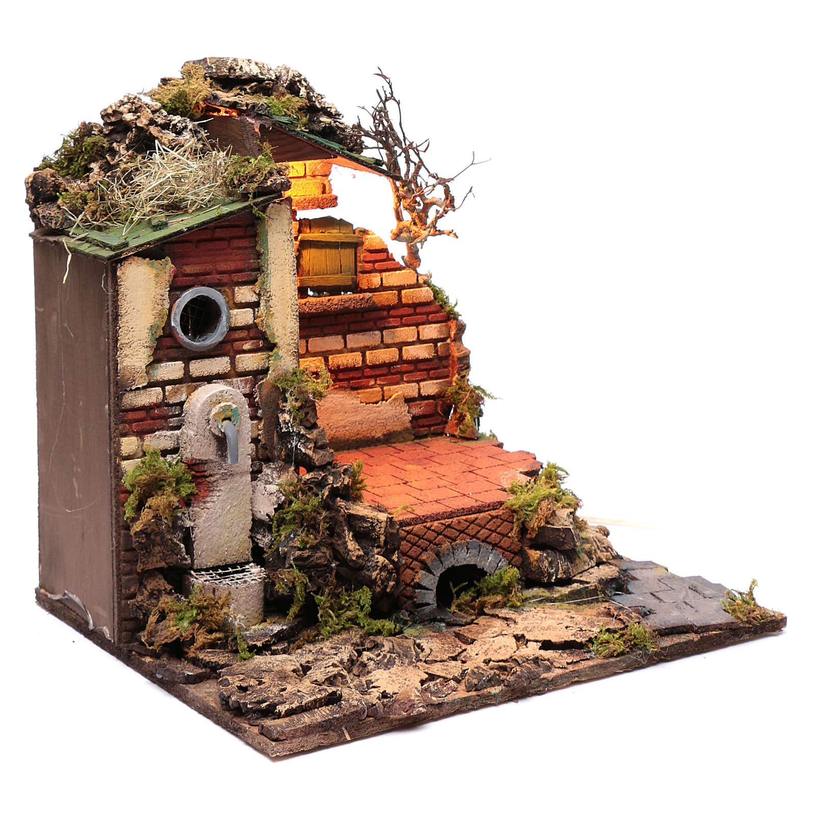 Holyart Crèche Napolitaine: Décor dans ruines Fontaine et éclairage crèche de Naples 38x39,5x34,2 cm