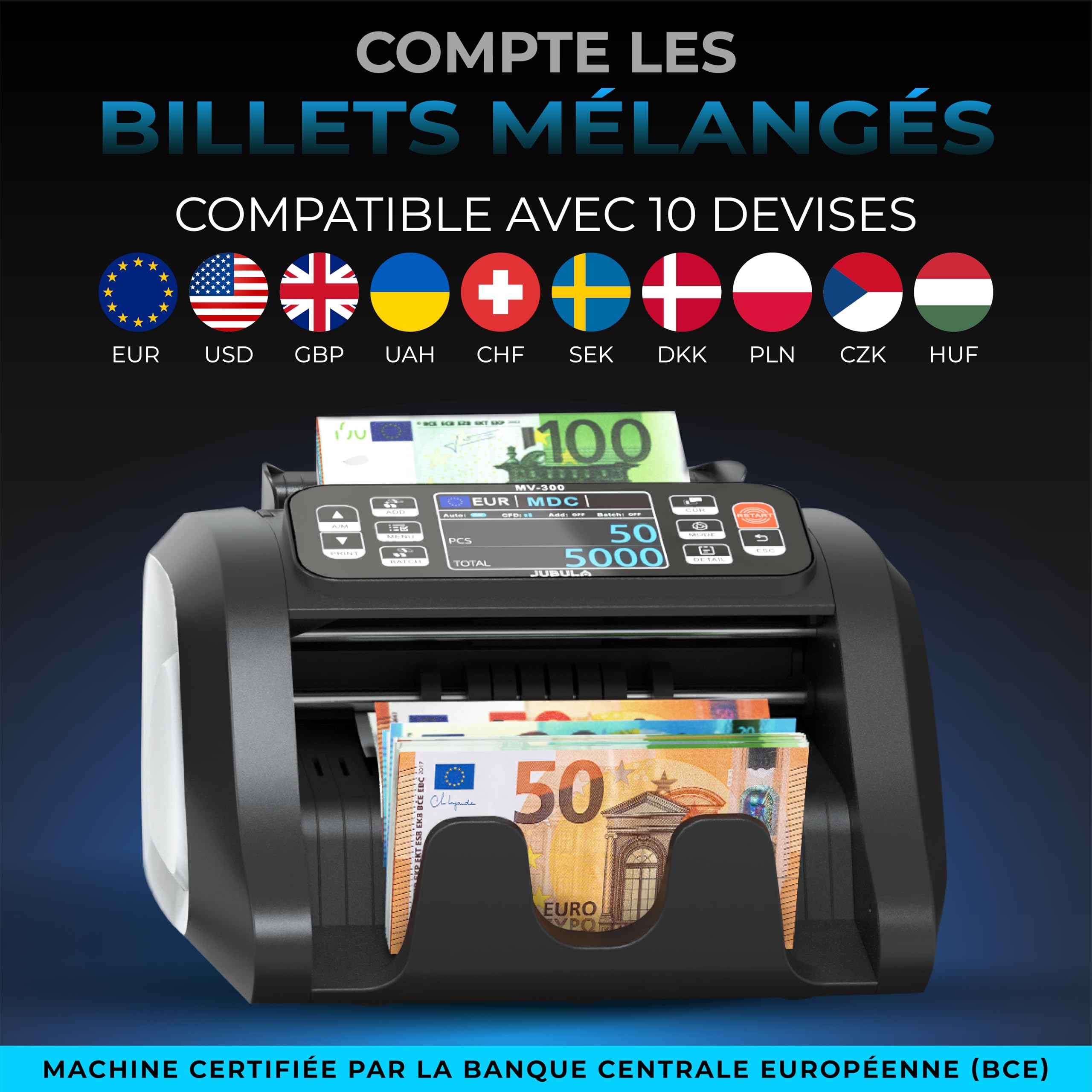 MV-300 - Compteuse de billets de banque mixtes avec détection avancée de faux billets en 8 points | EUR, USD, GBP | Valorisatrice de billets | Sûre et Précise | Compteur de valeurs pour billets