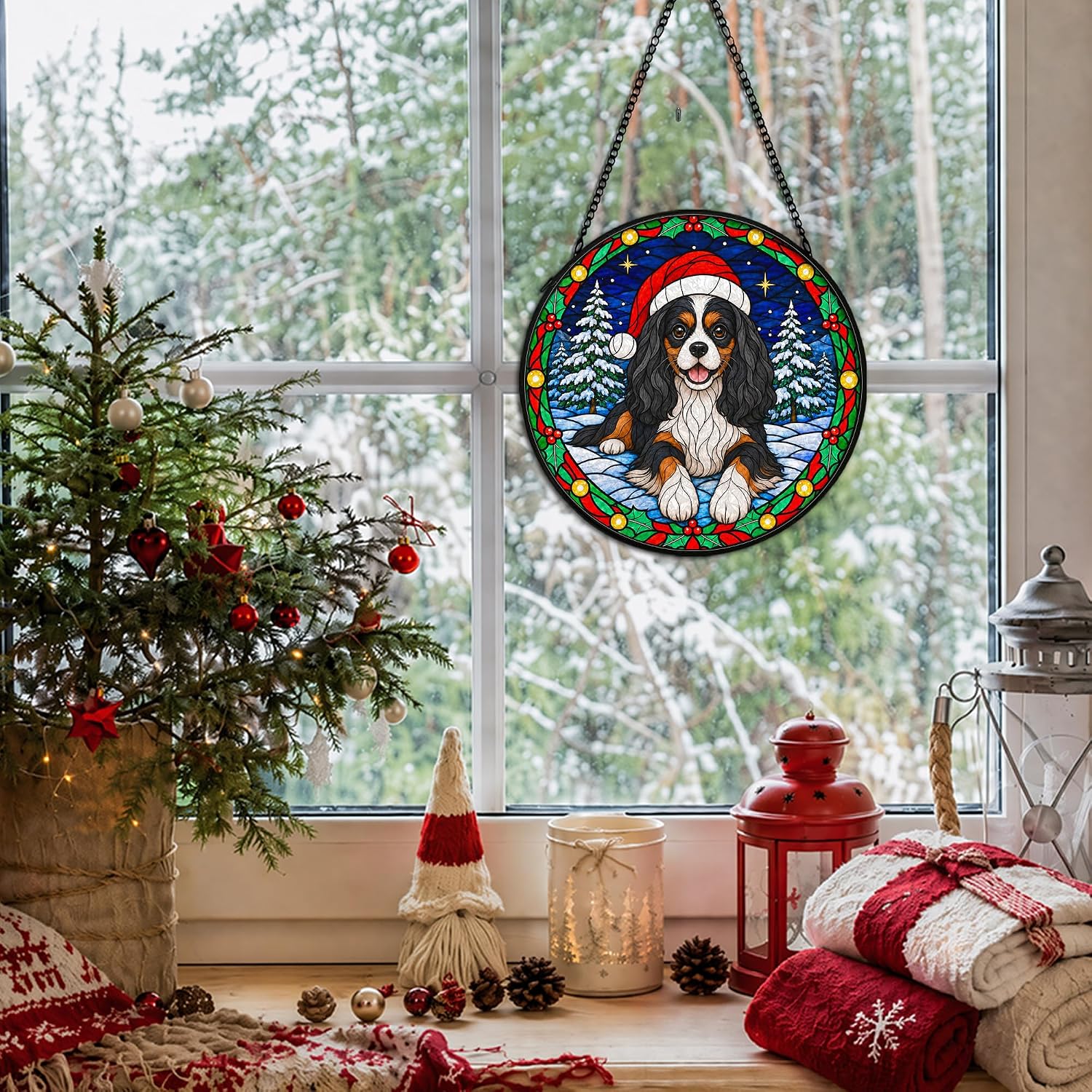 Christmas King Charles Cavalier Dog Stained Glass Suncatcher